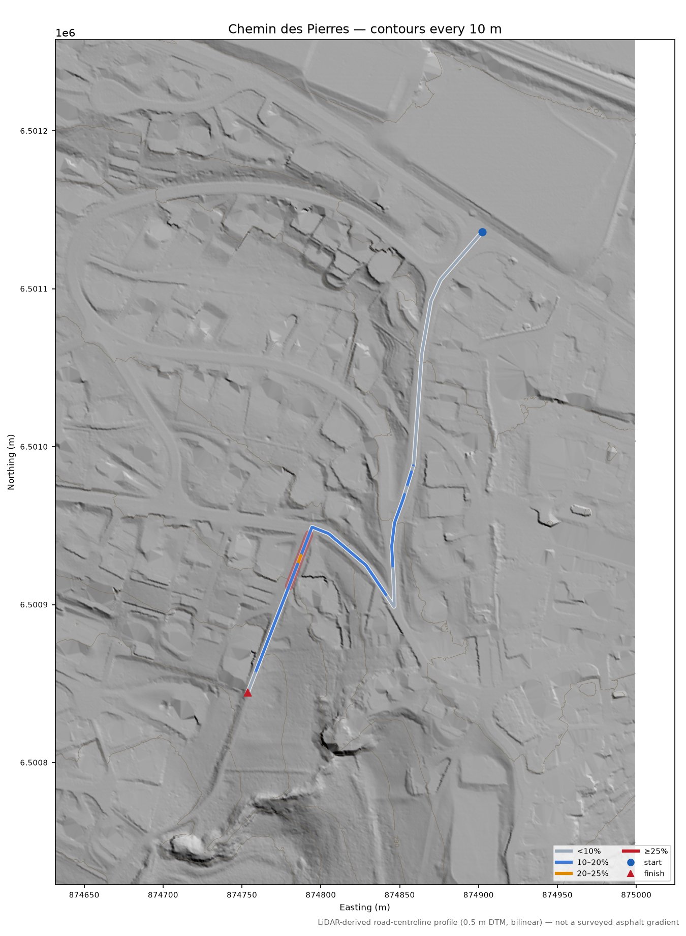 Chemin des Pierres LiDAR hillshade map with contours