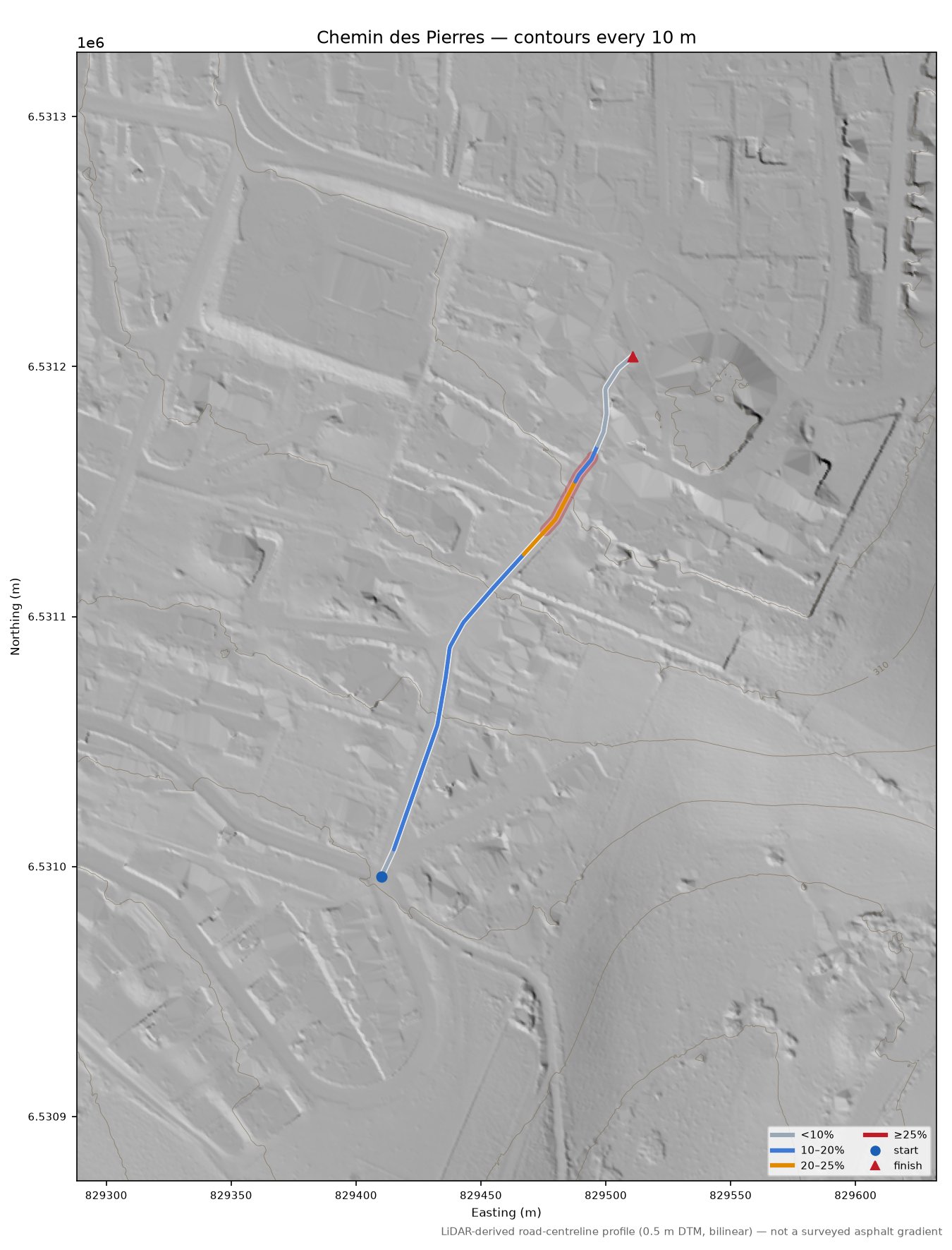 Chemin des Pierres LiDAR hillshade map with contours