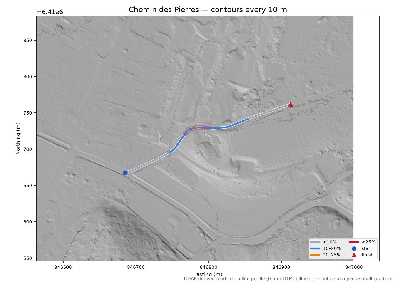 Chemin des Pierres LiDAR hillshade map with contours