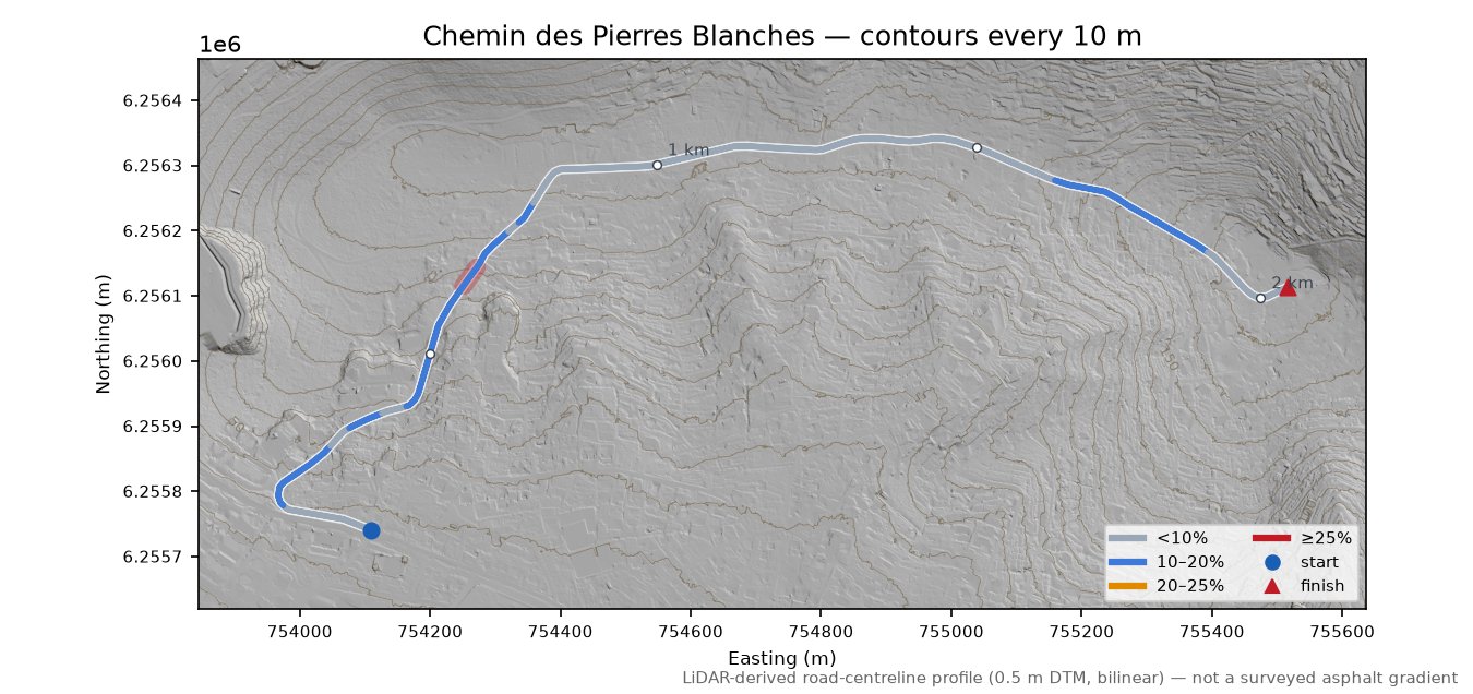 Chemin des Pierres Blanches LiDAR hillshade map with contours