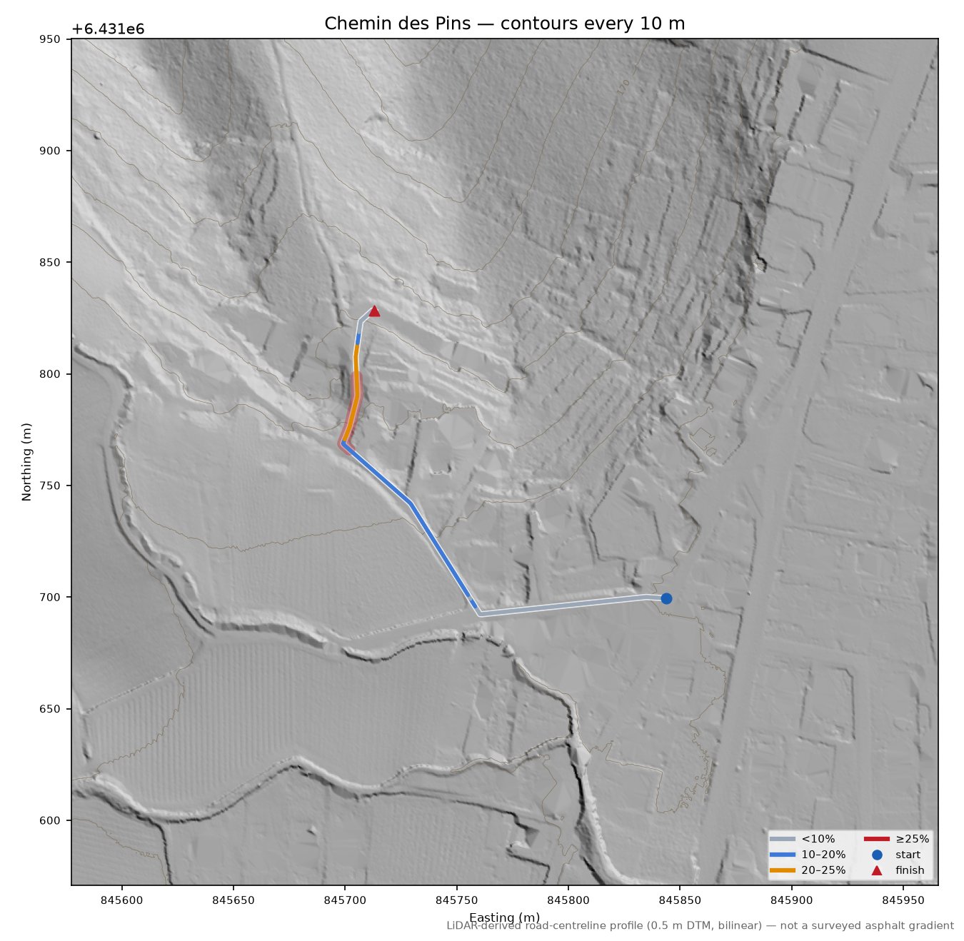Chemin des Pins LiDAR hillshade map with contours