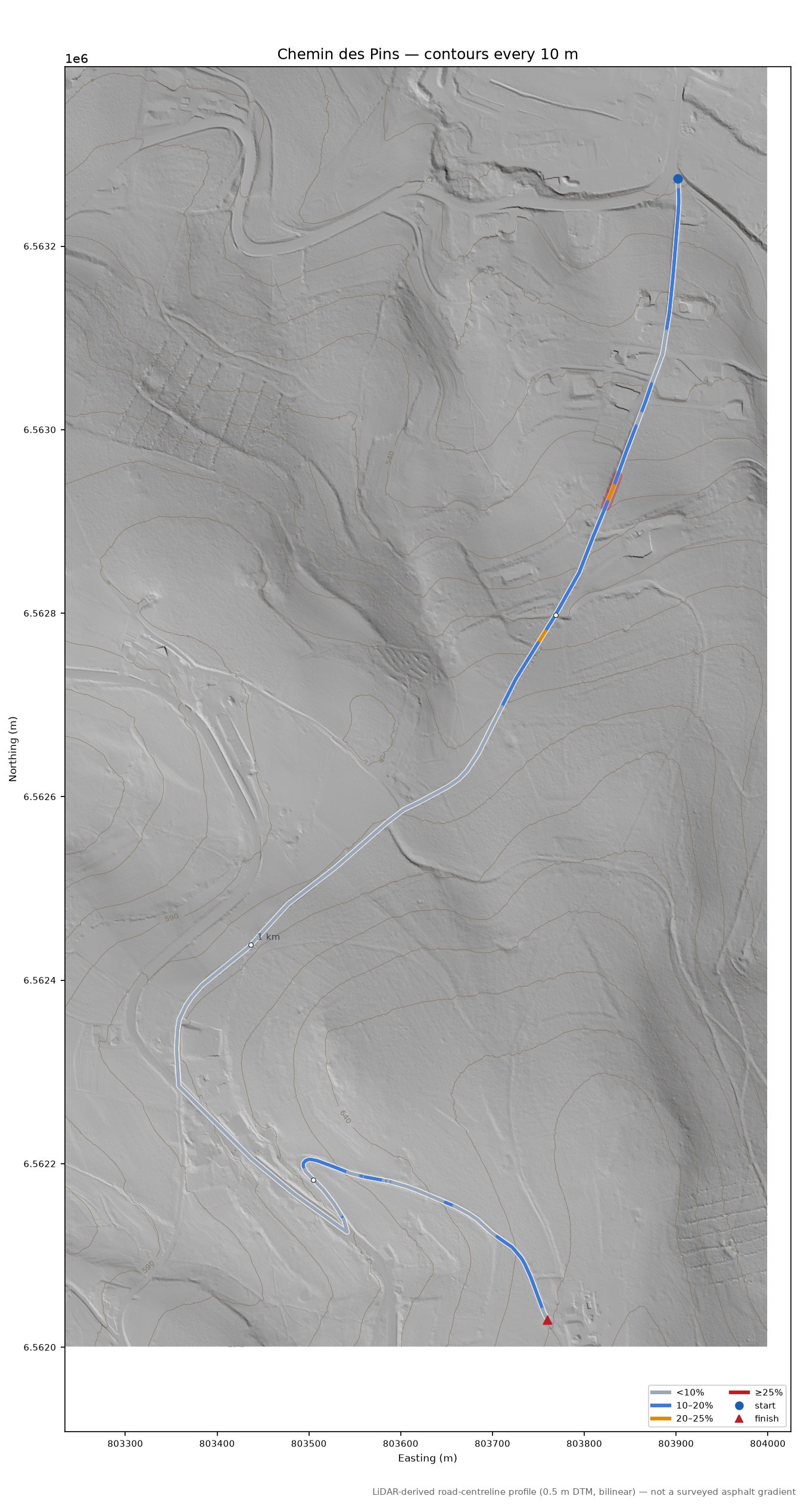 Chemin des Pins LiDAR hillshade map with contours