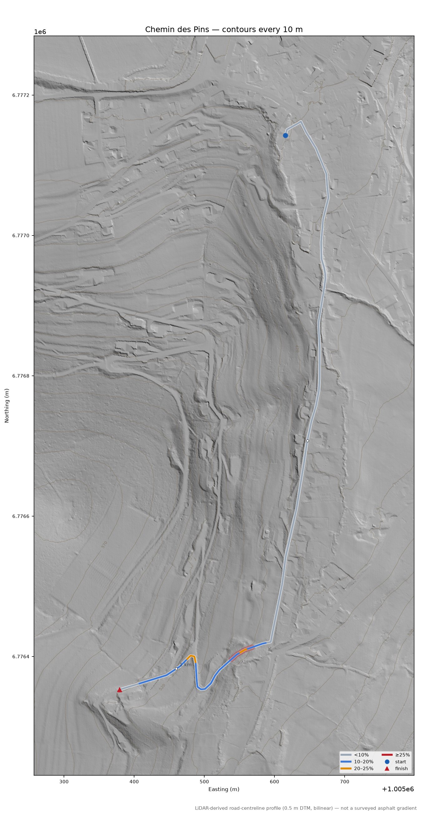 Chemin des Pins LiDAR hillshade map with contours