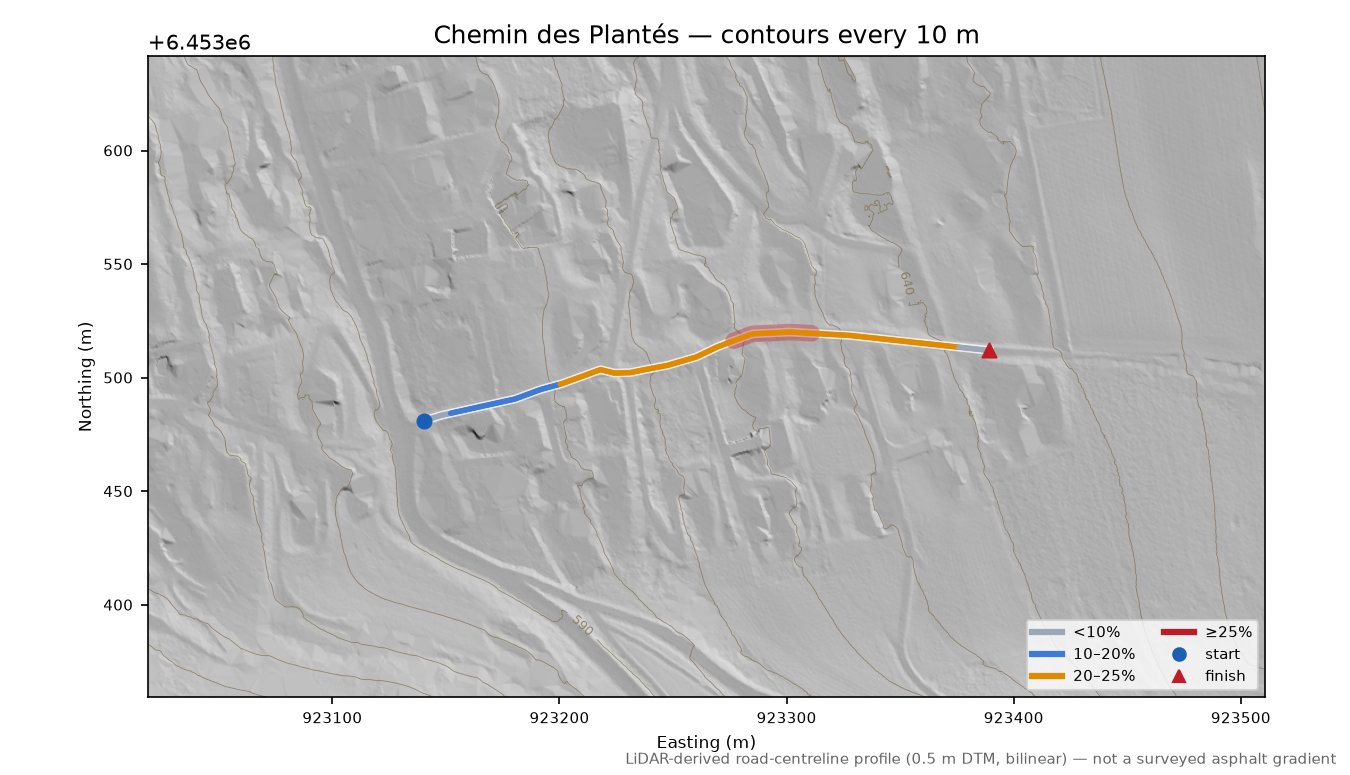 Chemin des Plantés LiDAR hillshade map with contours