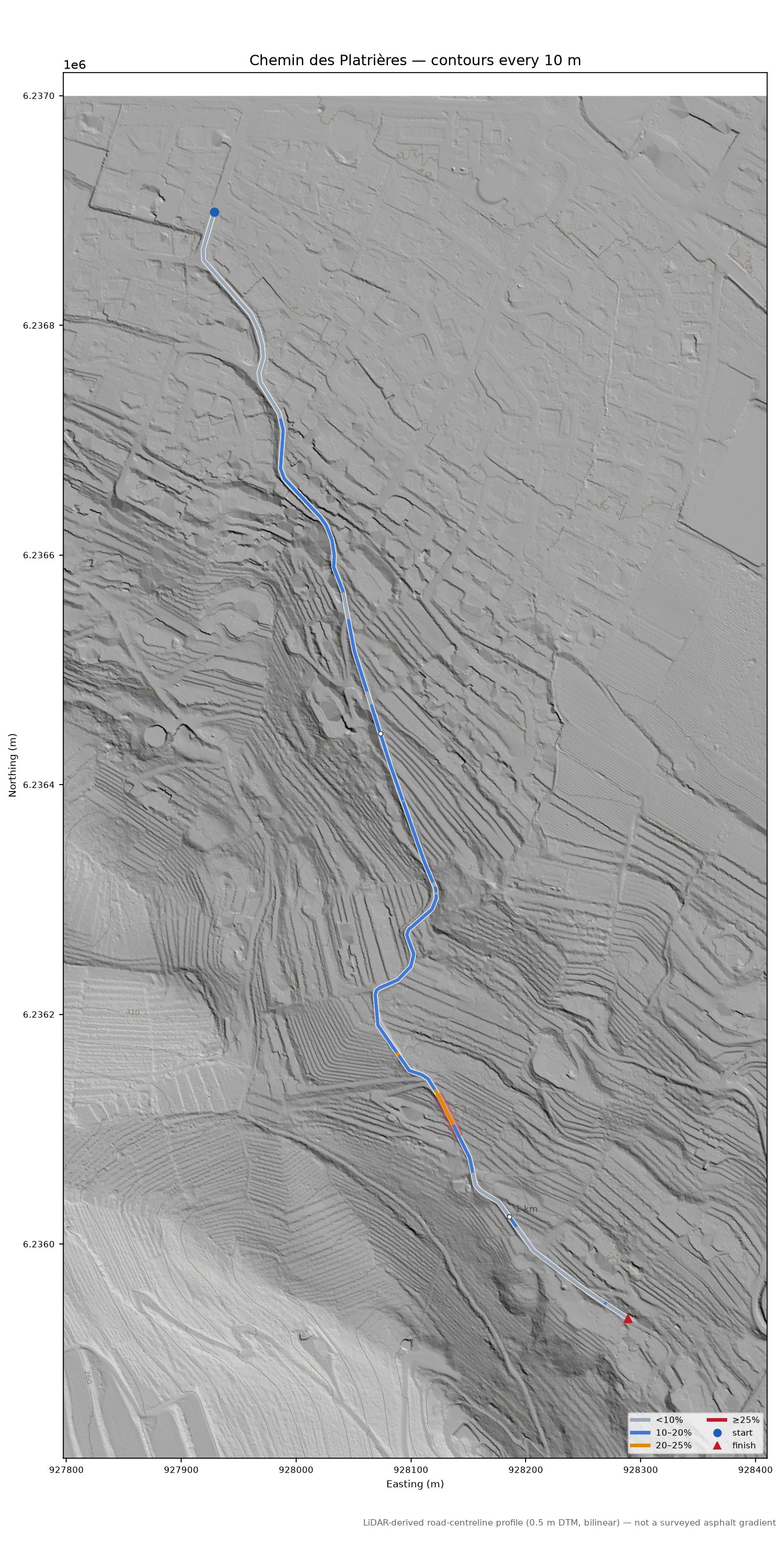 Chemin des Platrières LiDAR hillshade map with contours