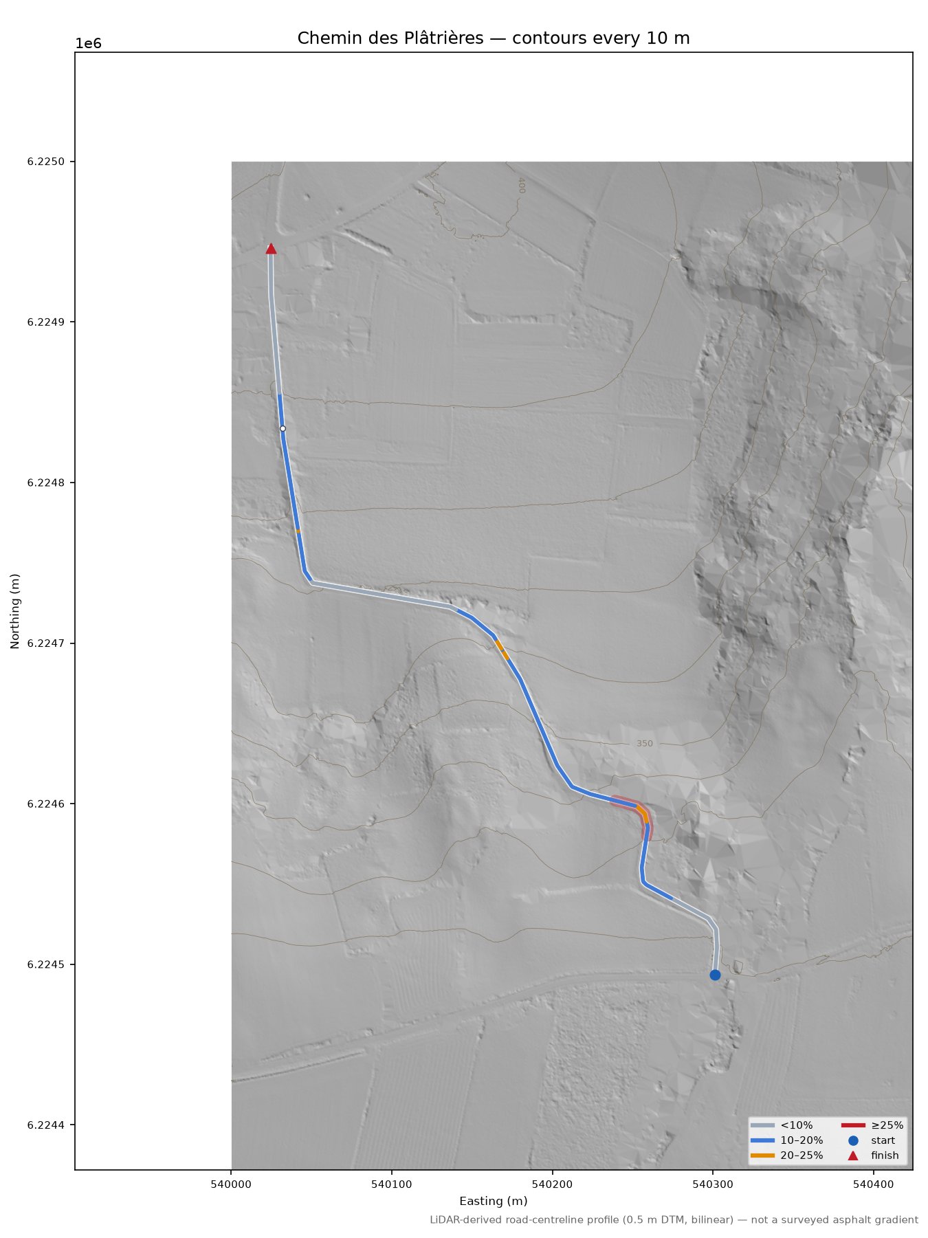 Chemin des Plâtrières LiDAR hillshade map with contours