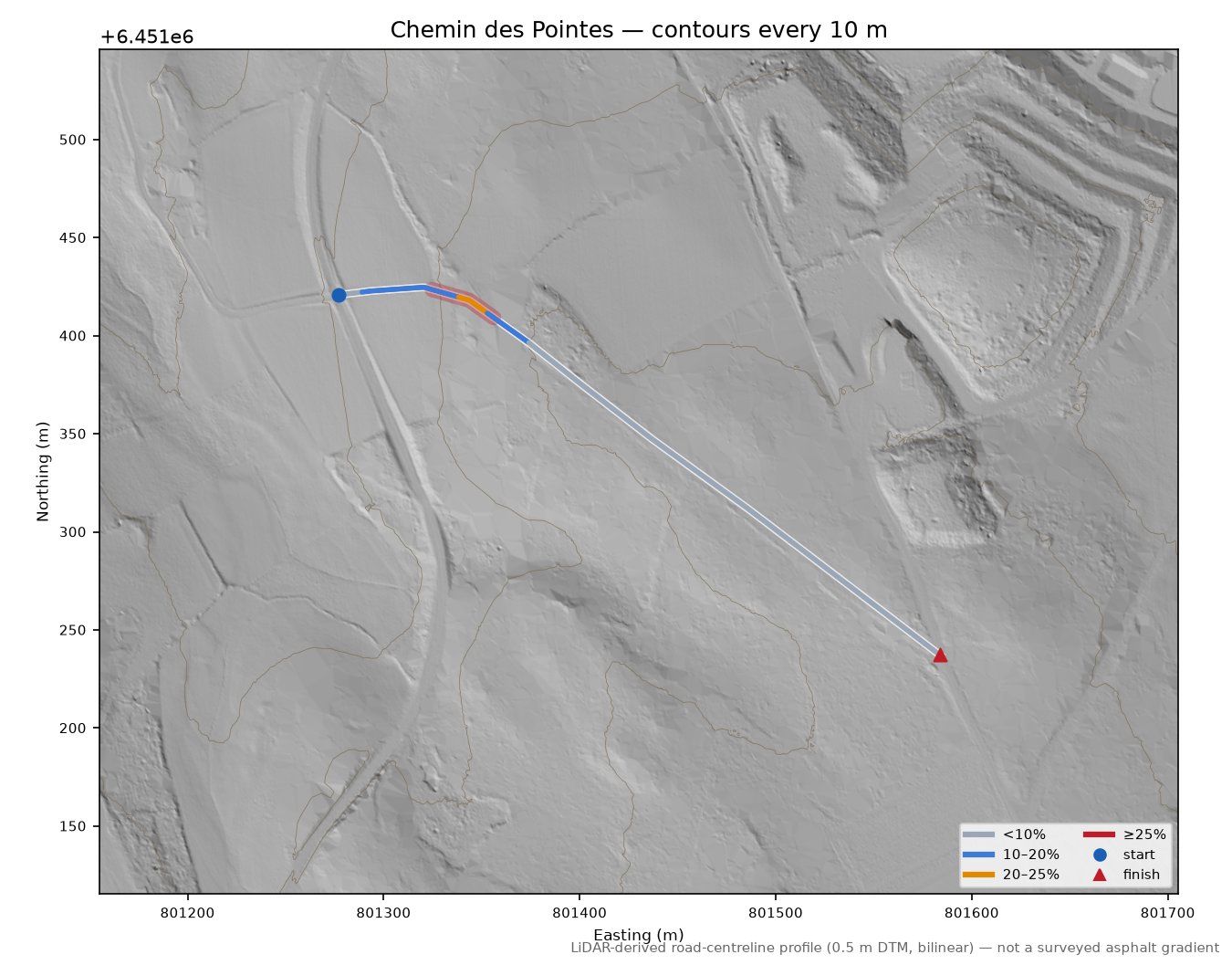 Chemin des Pointes LiDAR hillshade map with contours