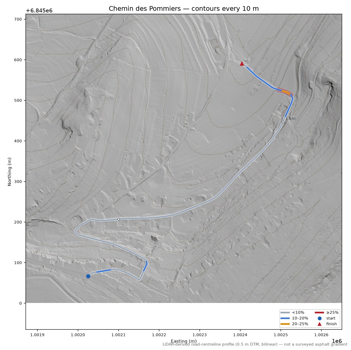 Chemin des Pommiers LiDAR hillshade map with contours