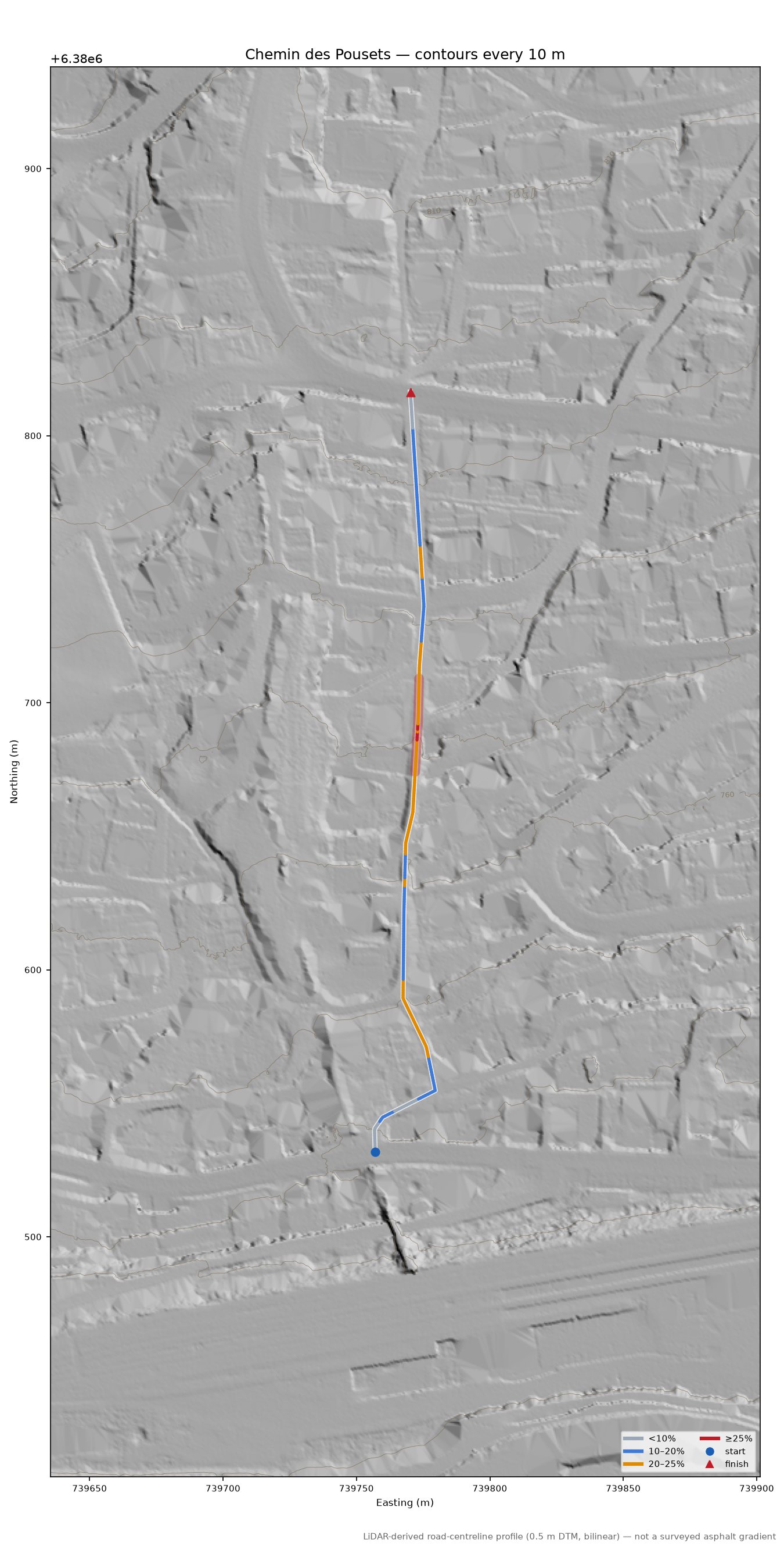 Chemin des Pousets LiDAR hillshade map with contours