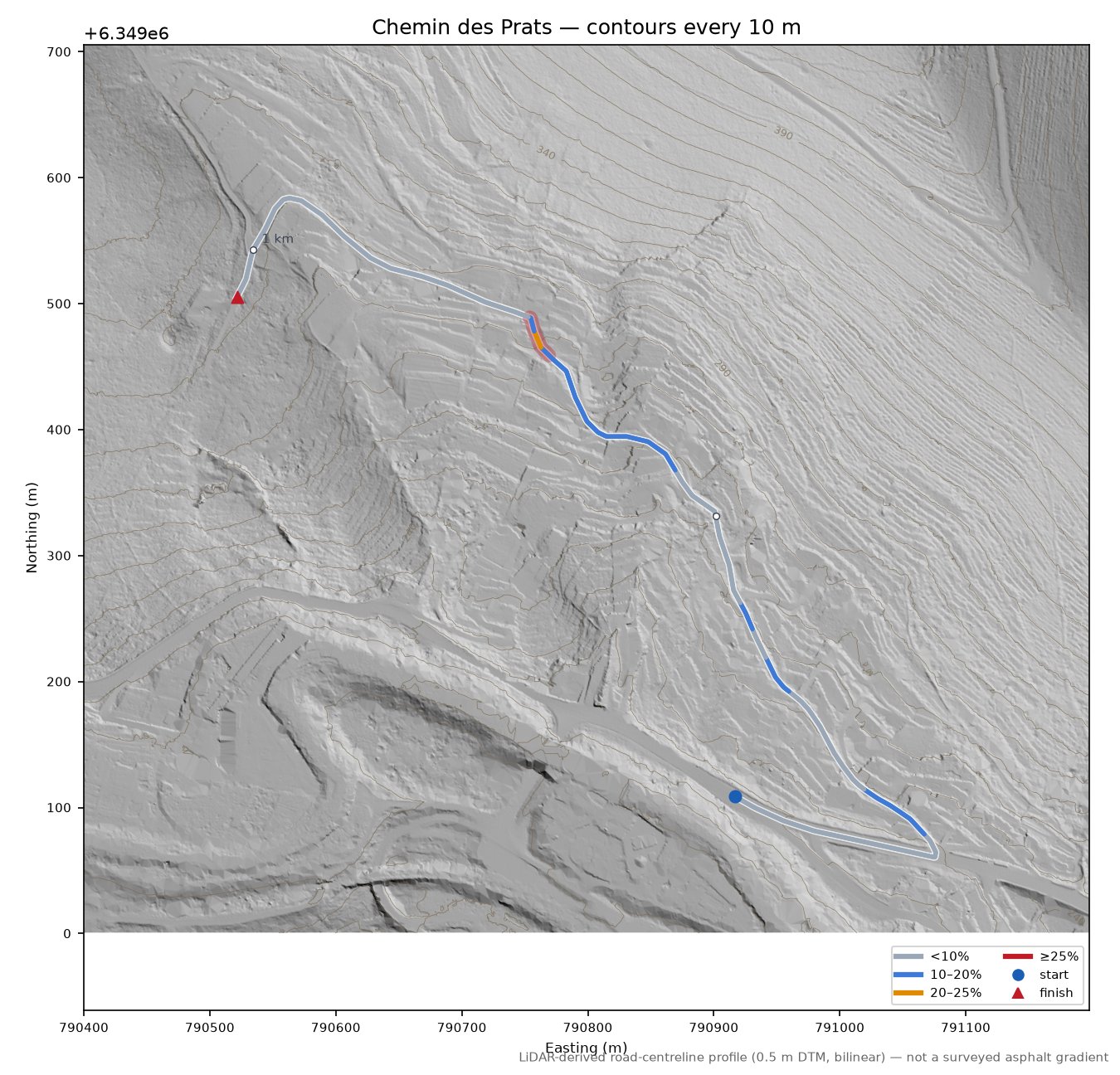 Chemin des Prats LiDAR hillshade map with contours
