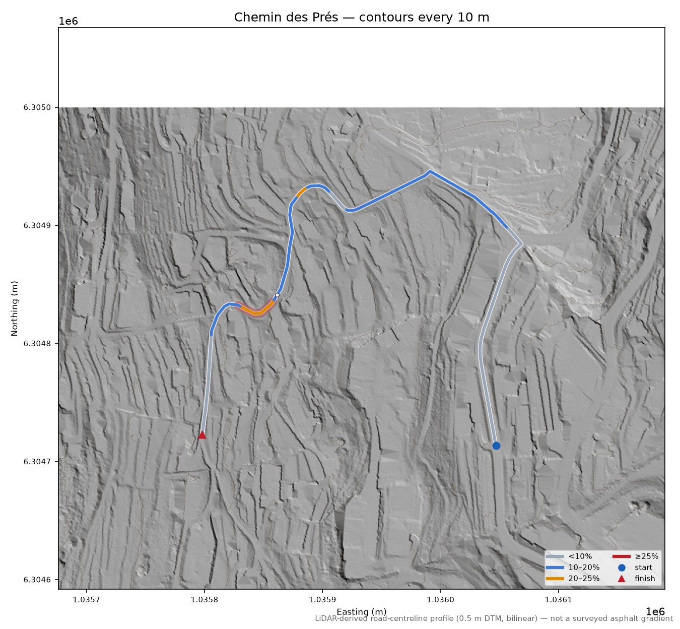 Chemin des Prés LiDAR hillshade map with contours
