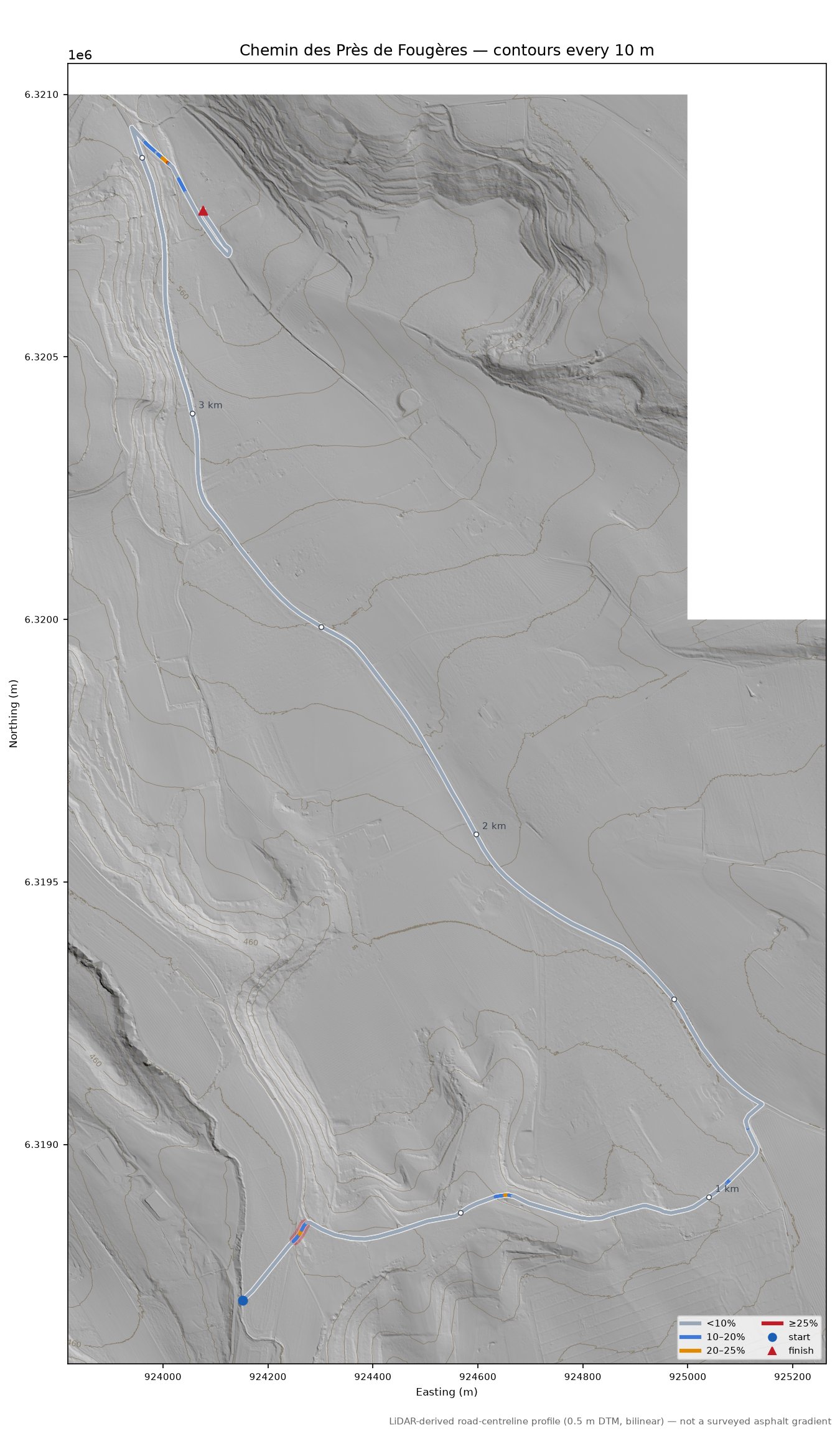 Chemin des Près de Fougères LiDAR hillshade map with contours