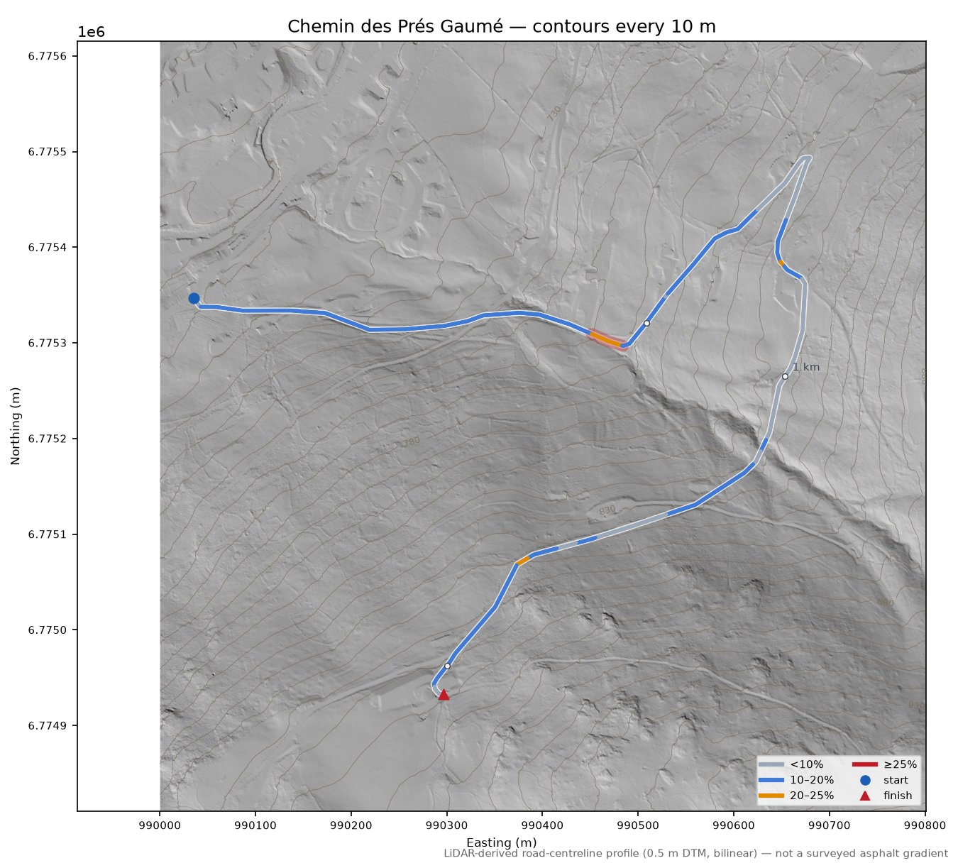 Chemin des Prés Gaumé LiDAR hillshade map with contours
