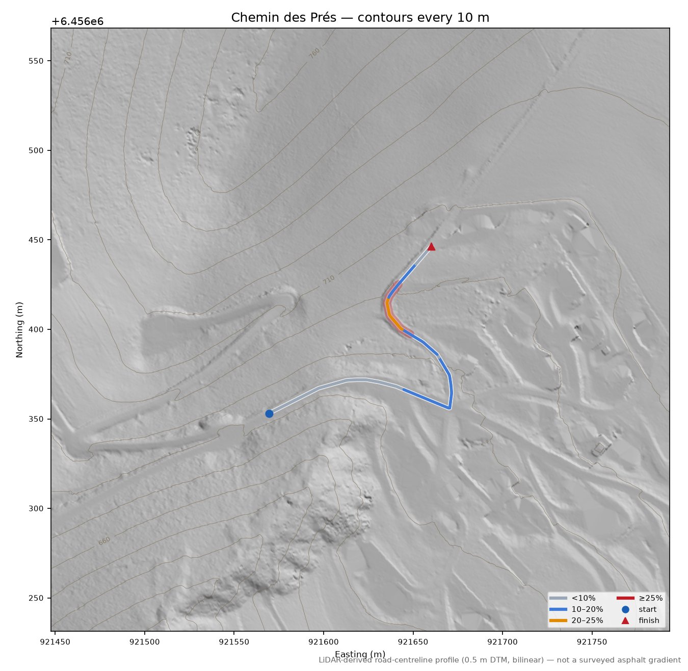 Chemin des Prés LiDAR hillshade map with contours