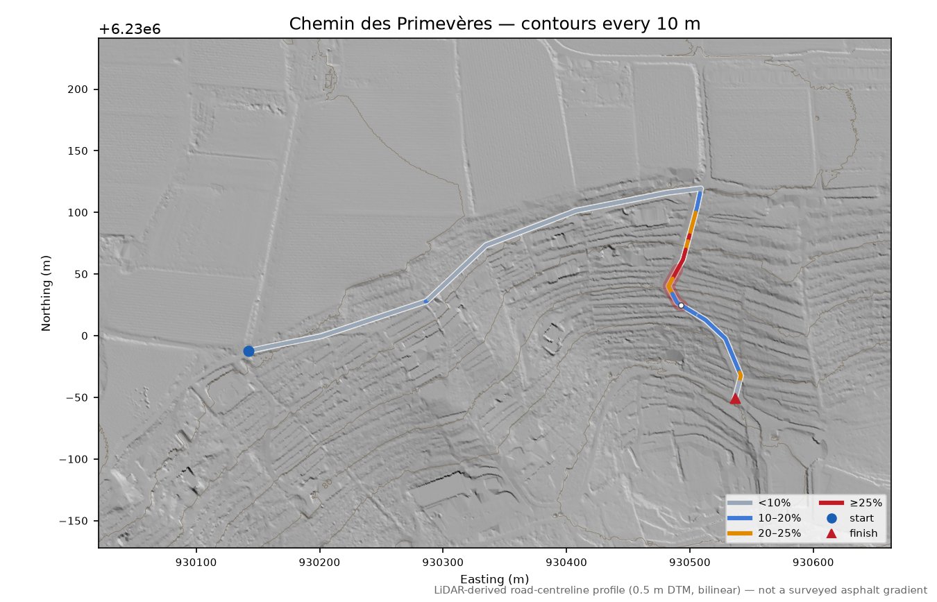 Chemin des Primevères LiDAR hillshade map with contours