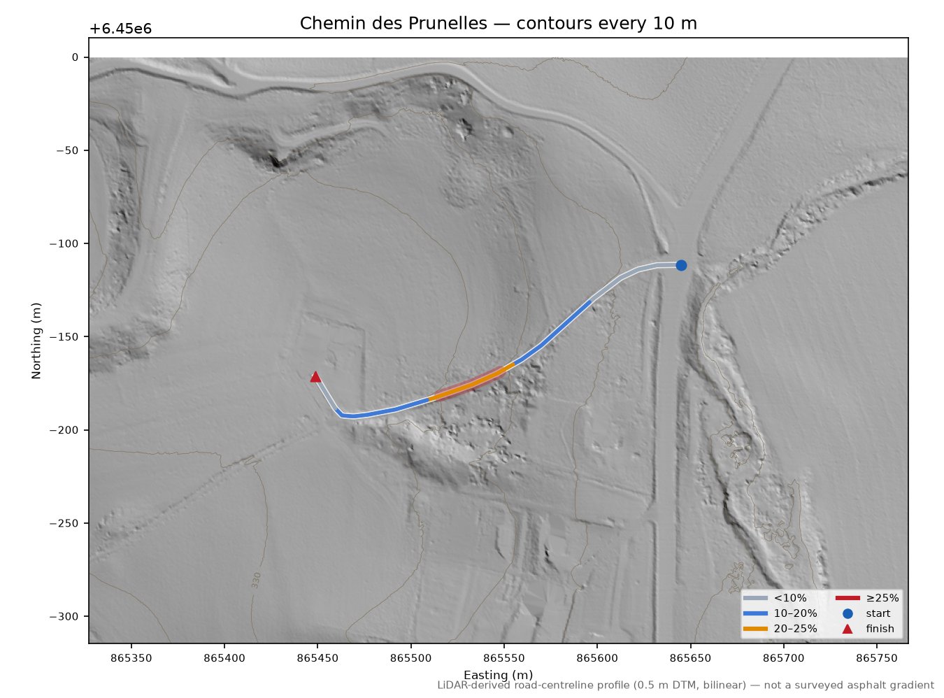 Chemin des Prunelles LiDAR hillshade map with contours