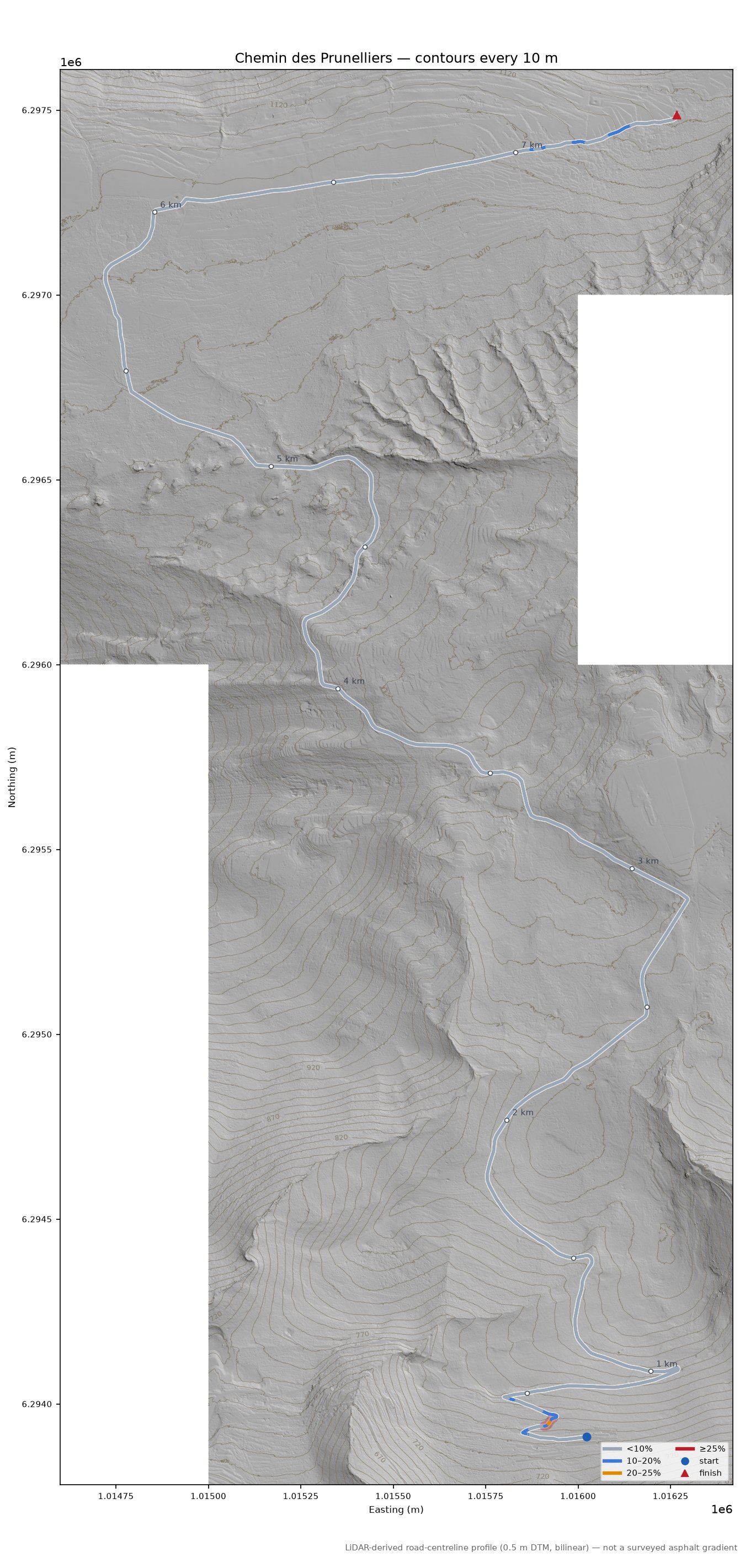 Chemin des Prunelliers LiDAR hillshade map with contours