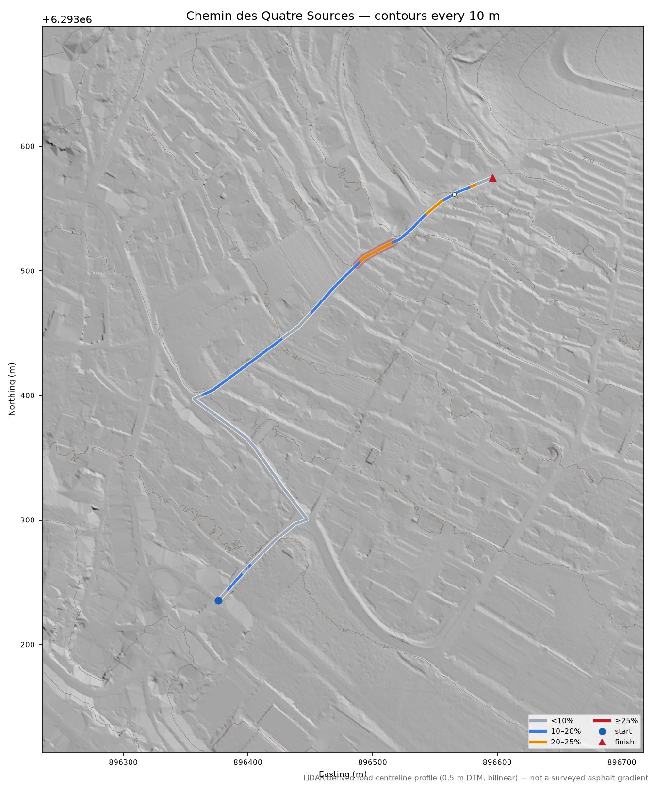 Chemin des Quatre Sources LiDAR hillshade map with contours