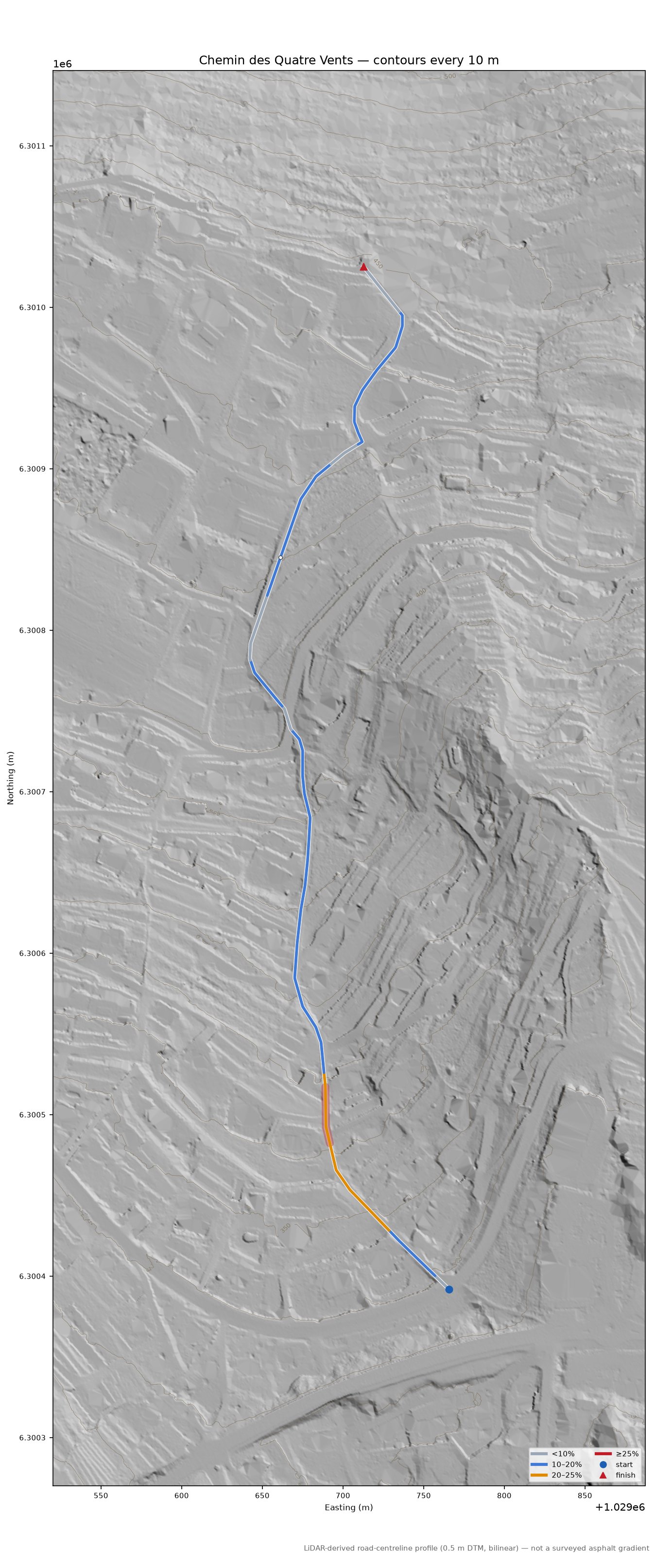 Chemin des Quatre Vents LiDAR hillshade map with contours