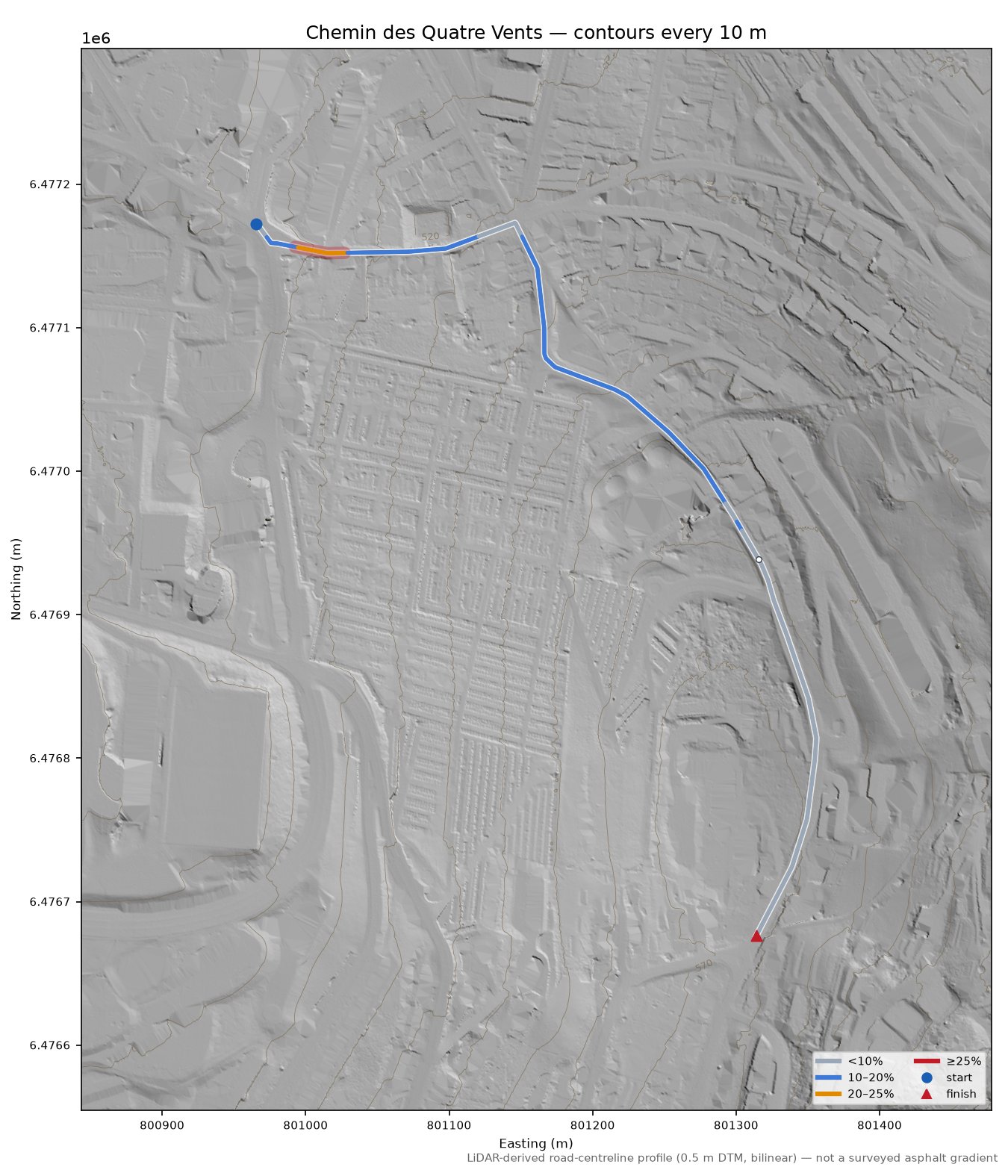 Chemin des Quatre Vents LiDAR hillshade map with contours
