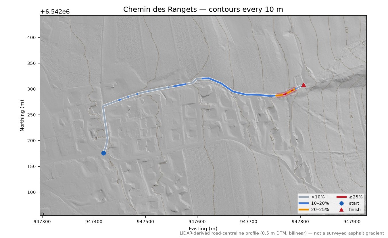 Chemin des Rangets LiDAR hillshade map with contours