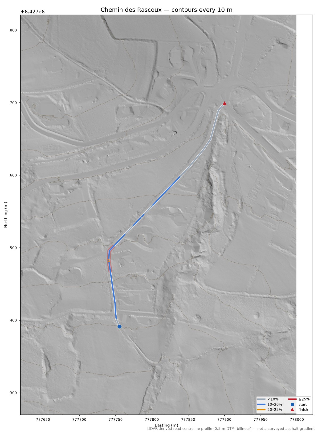 Chemin des Rascoux LiDAR hillshade map with contours