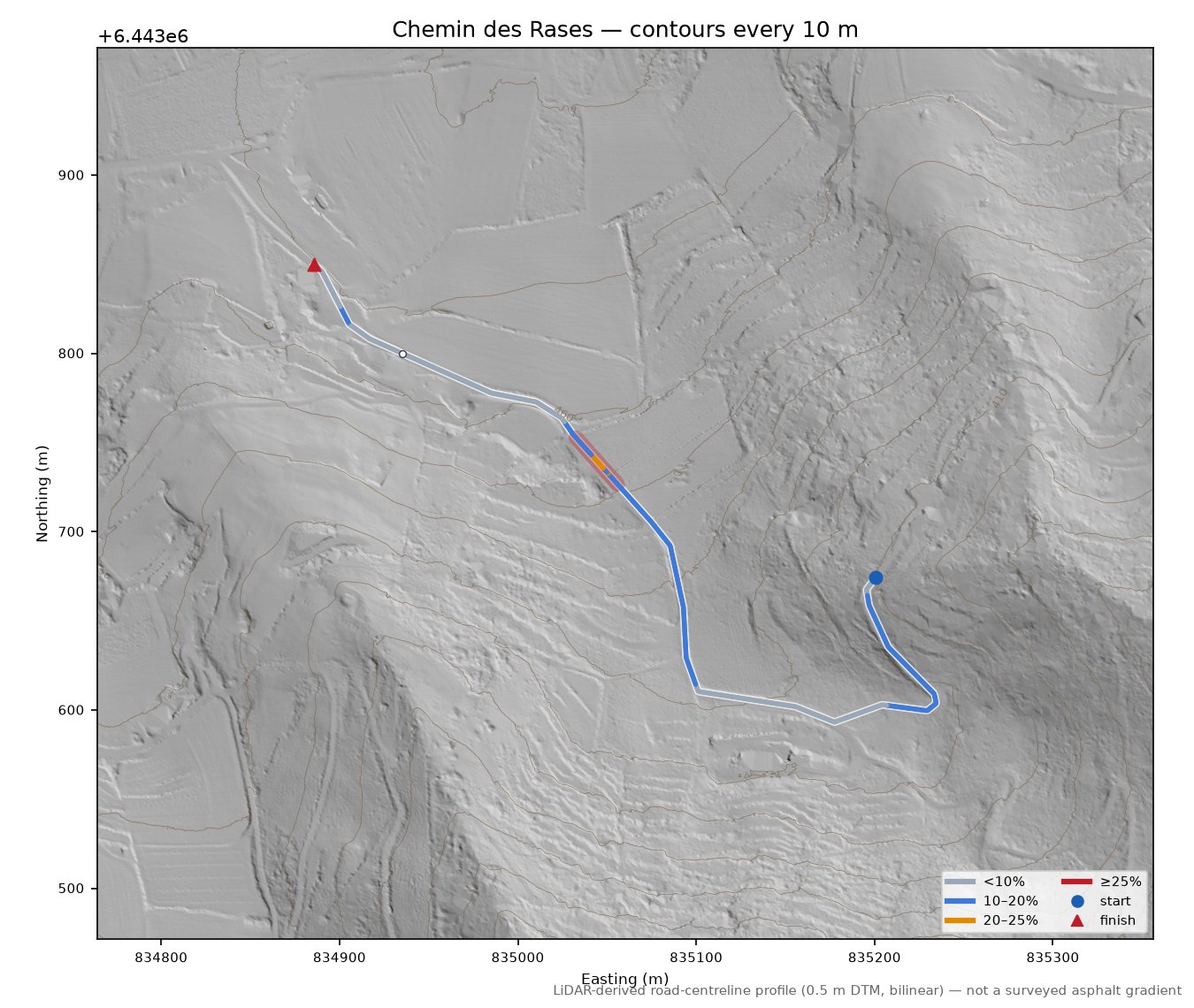 Chemin des Rases LiDAR hillshade map with contours
