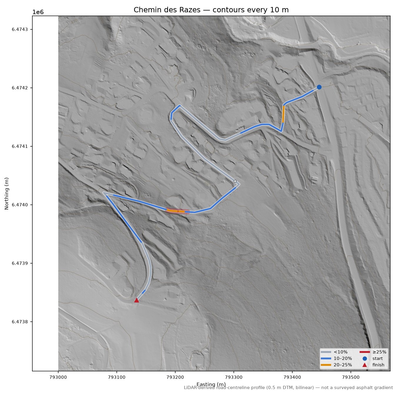 Chemin des Razes LiDAR hillshade map with contours