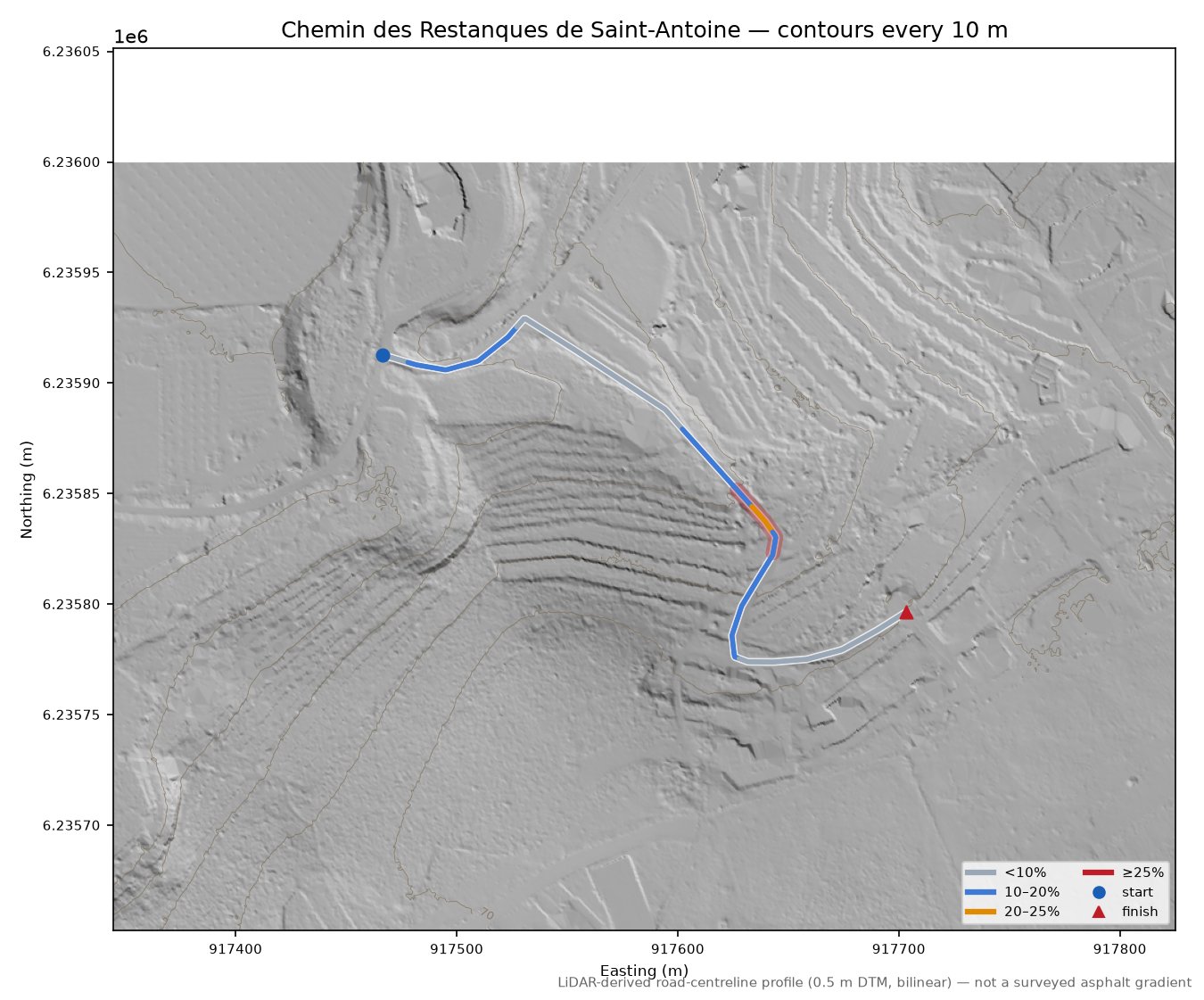 Chemin des Restanques de Saint-Antoine LiDAR hillshade map with contours