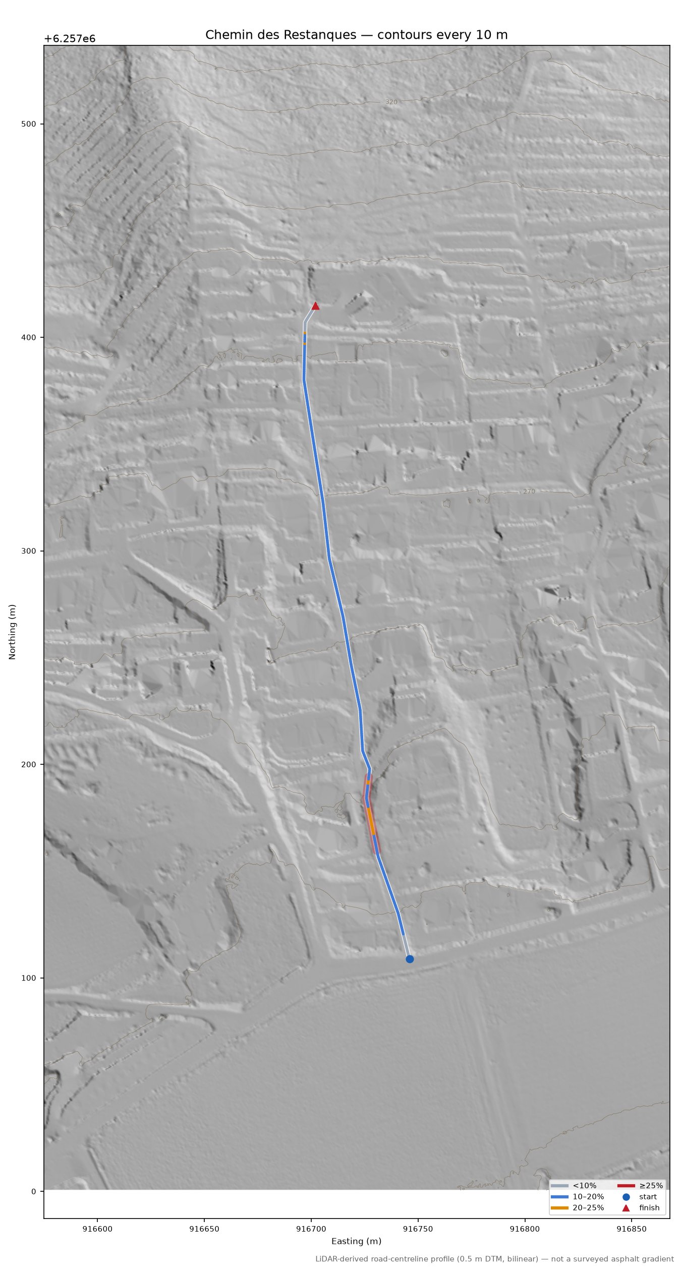 Chemin des Restanques LiDAR hillshade map with contours