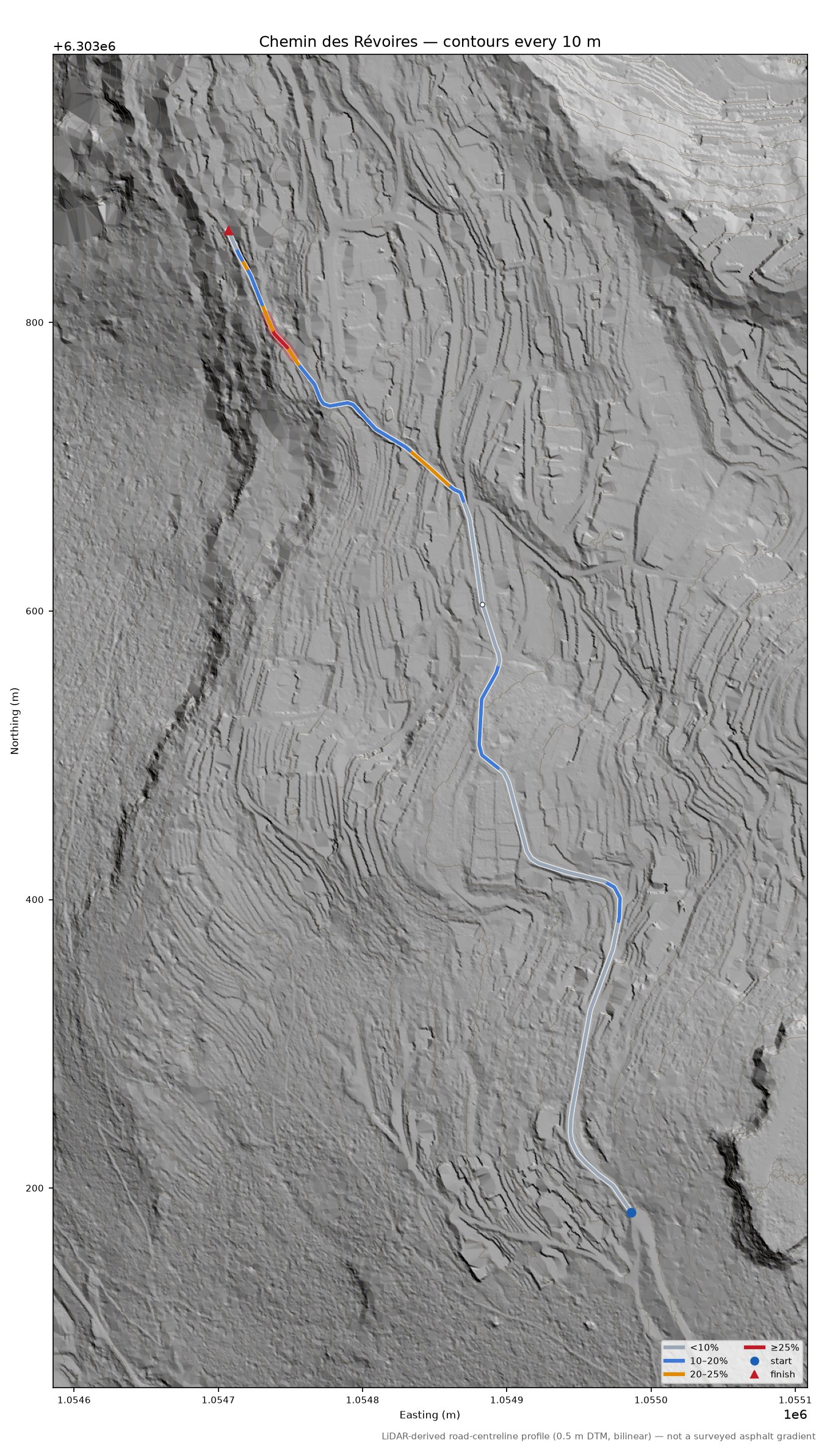 Chemin des Révoires LiDAR hillshade map with contours