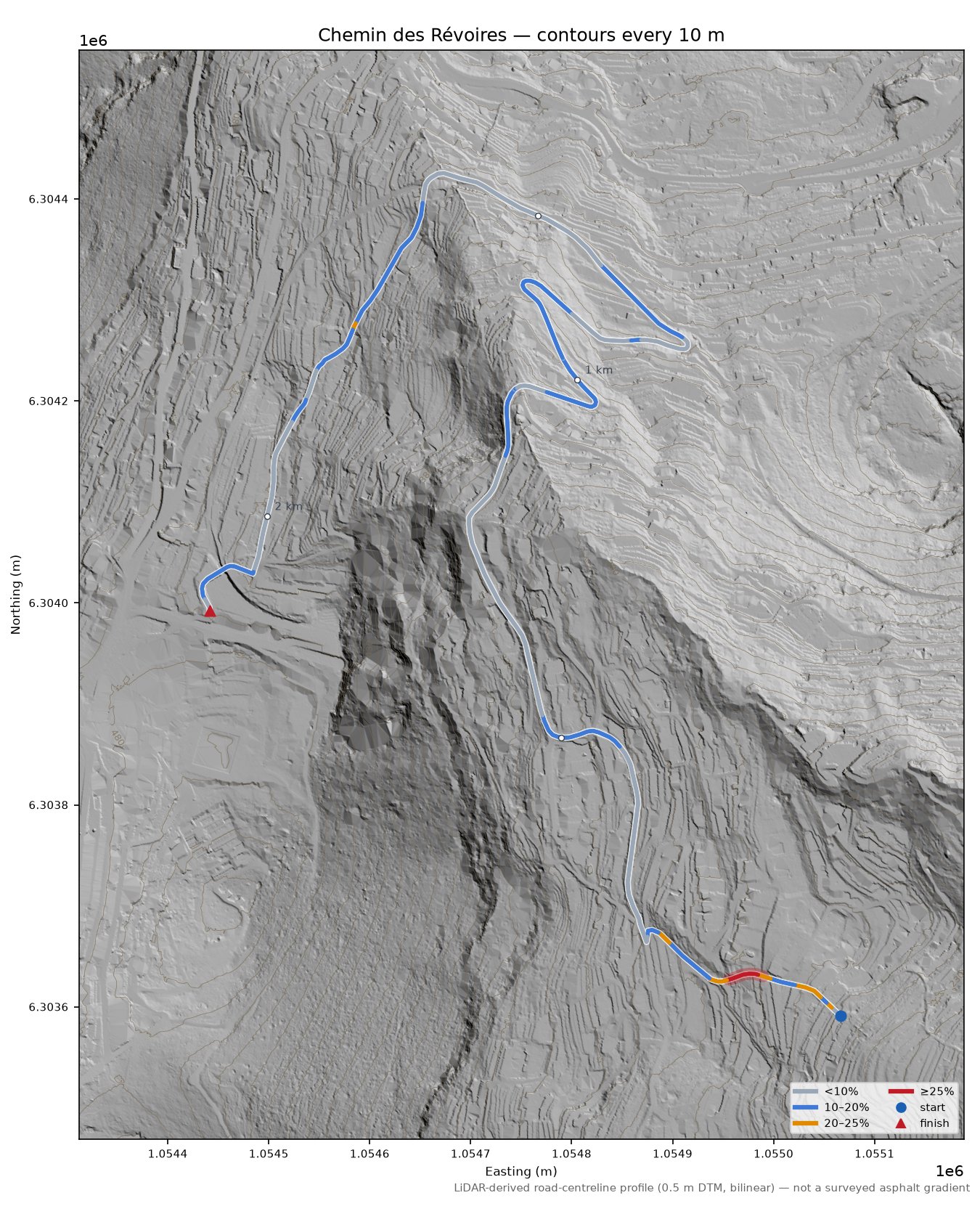 Chemin des Révoires LiDAR hillshade map with contours