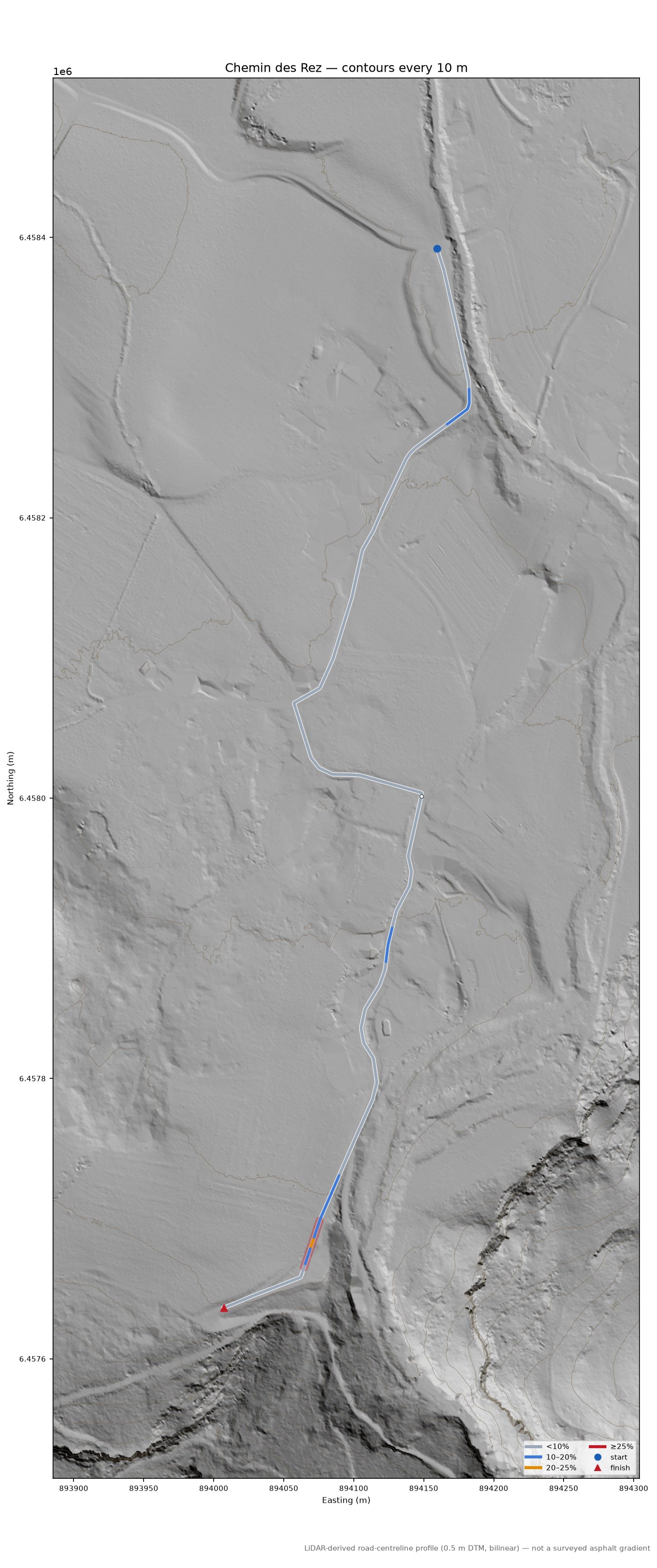 Chemin des Rez LiDAR hillshade map with contours