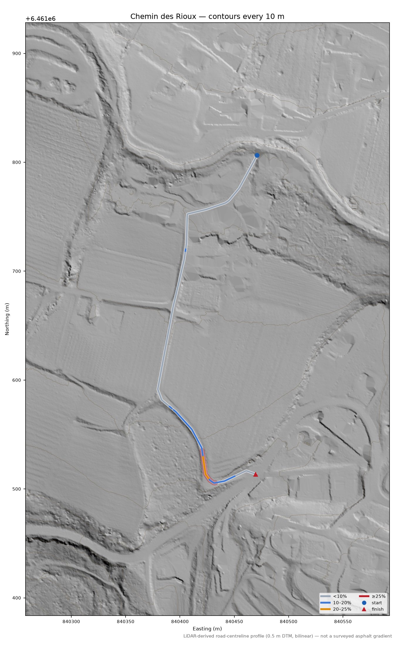 Chemin des Rioux LiDAR hillshade map with contours