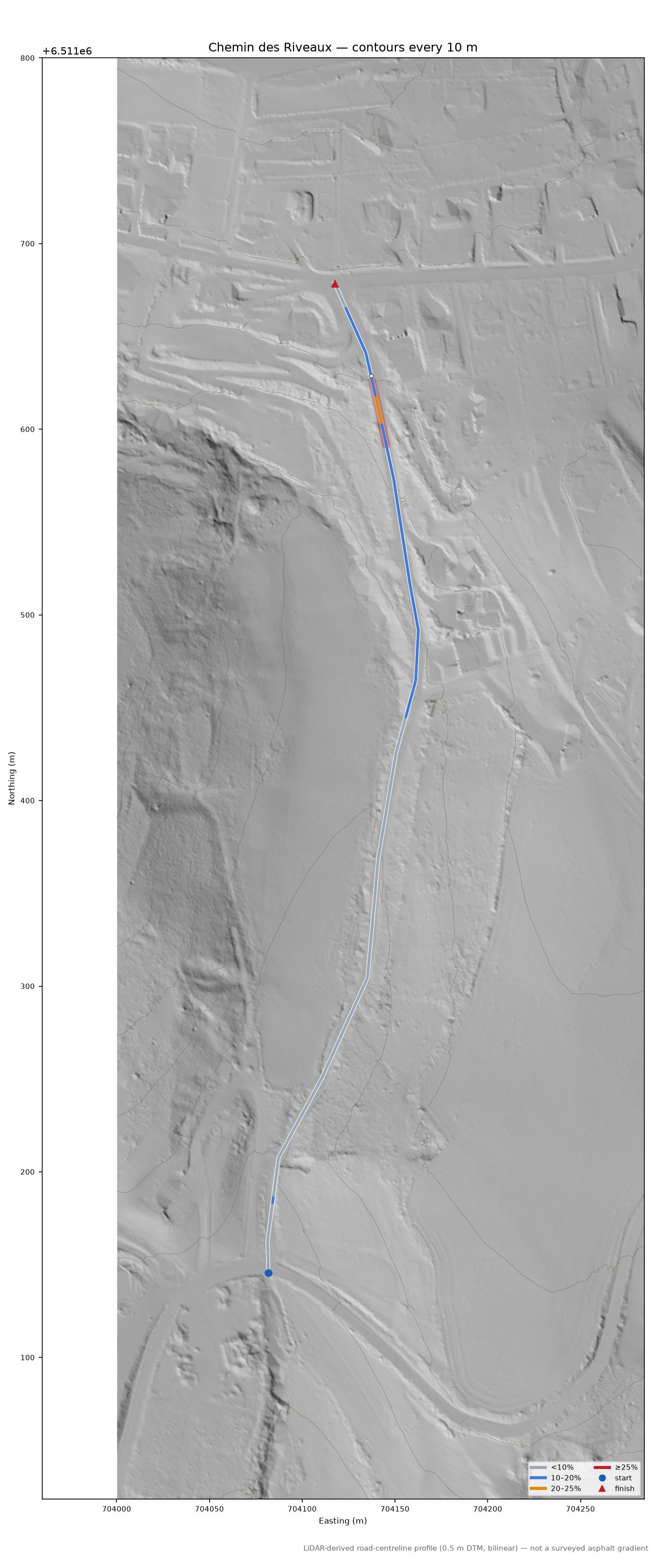 Chemin des Riveaux LiDAR hillshade map with contours