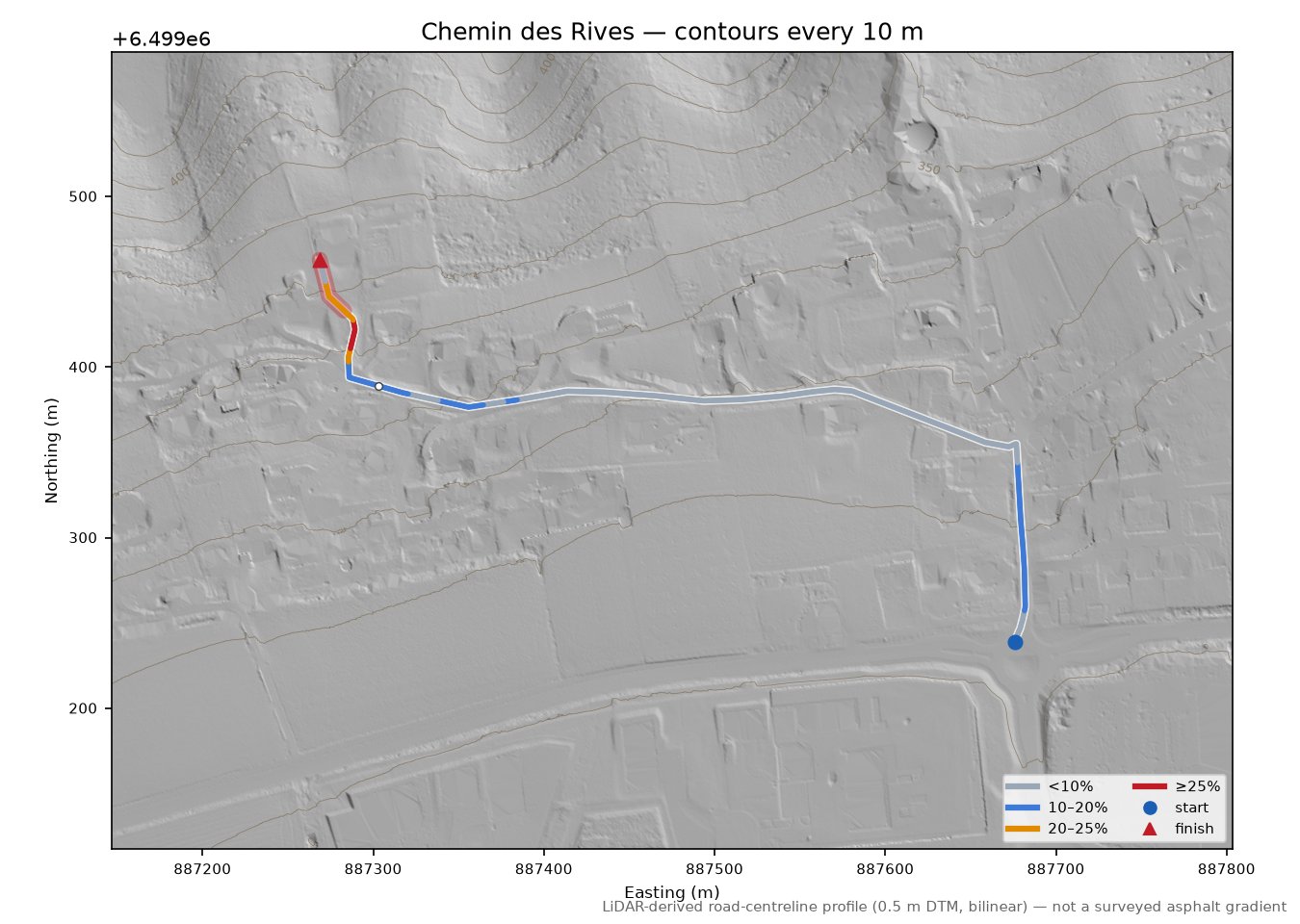 Chemin des Rives LiDAR hillshade map with contours