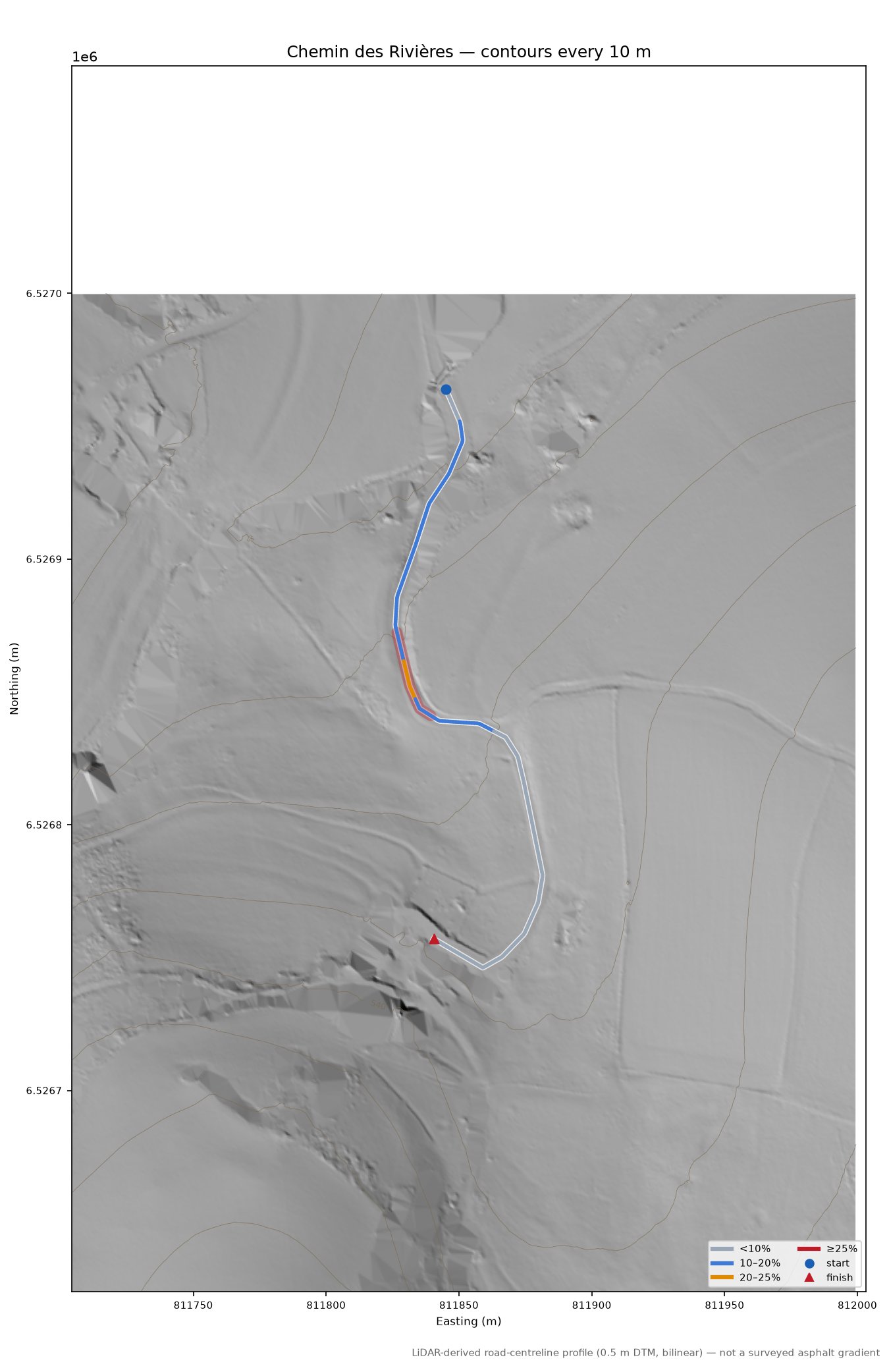 Chemin des Rivières LiDAR hillshade map with contours