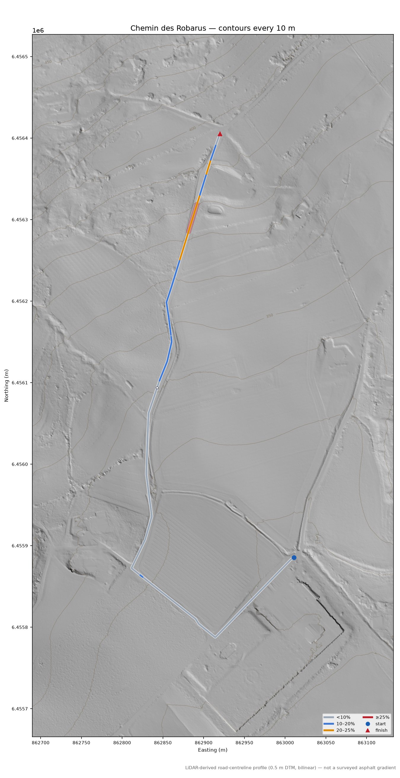 Chemin des Robarus LiDAR hillshade map with contours
