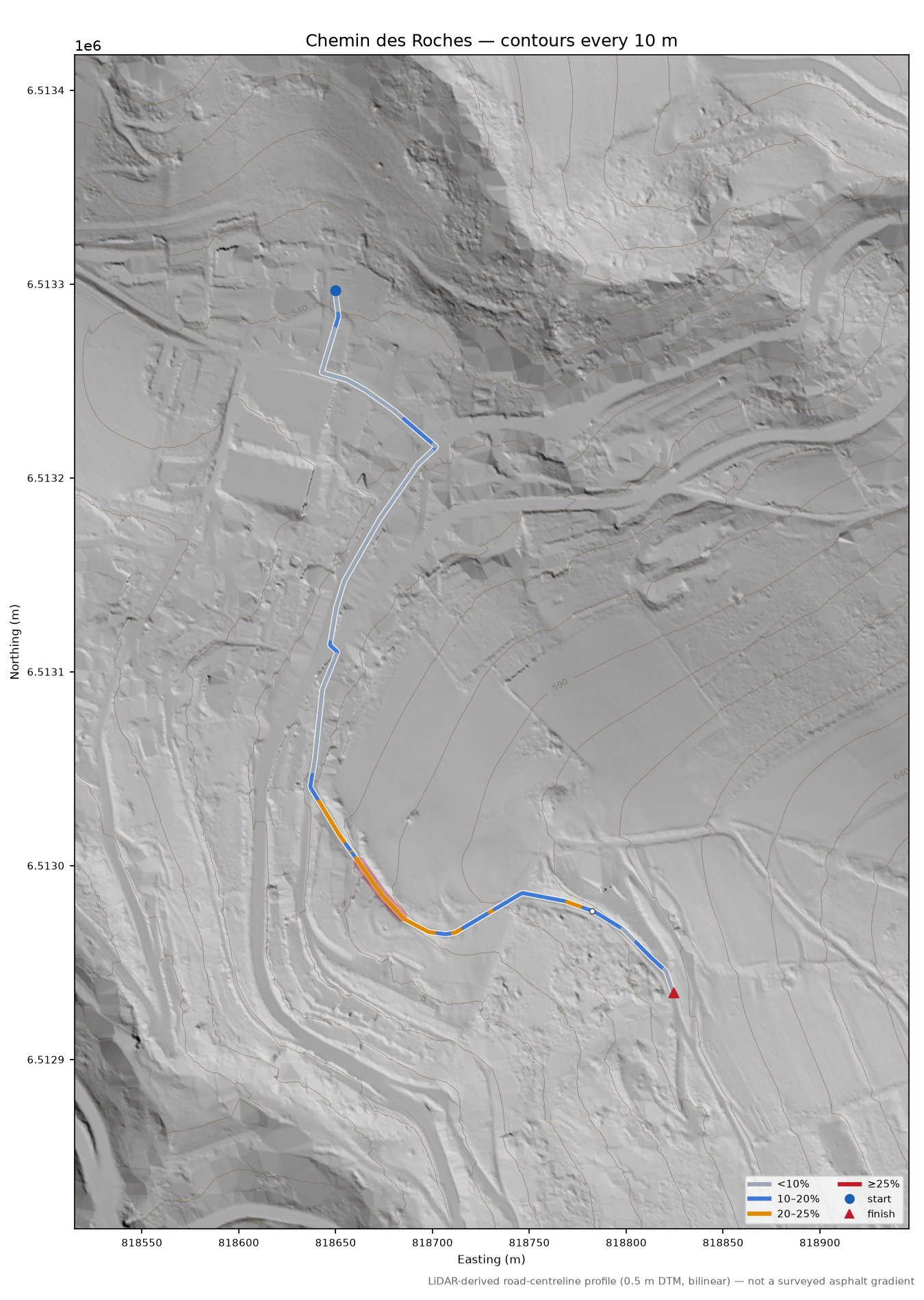 Chemin des Roches LiDAR hillshade map with contours