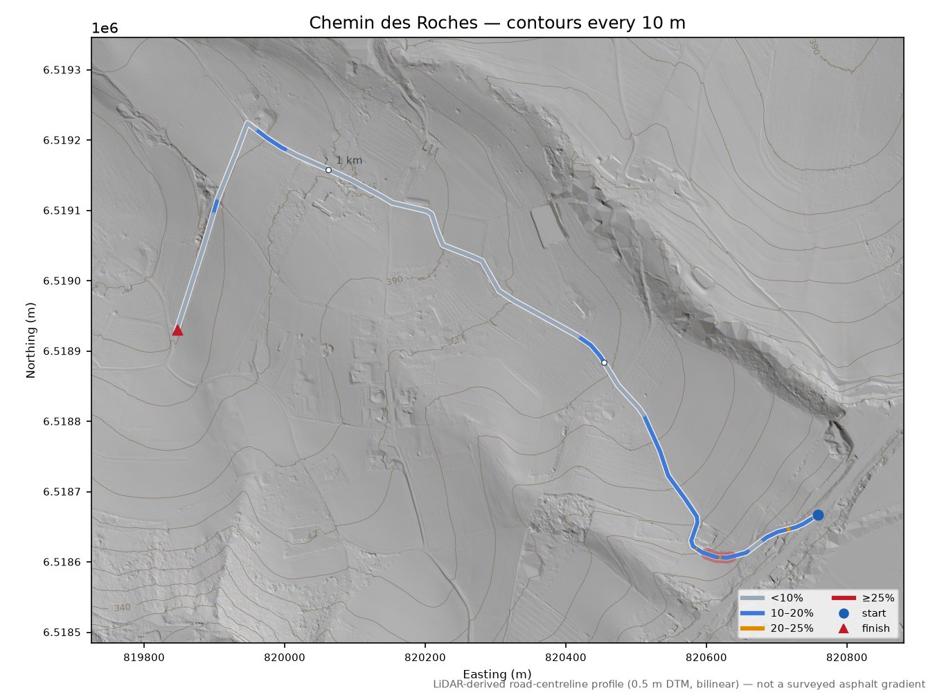 Chemin des Roches LiDAR hillshade map with contours
