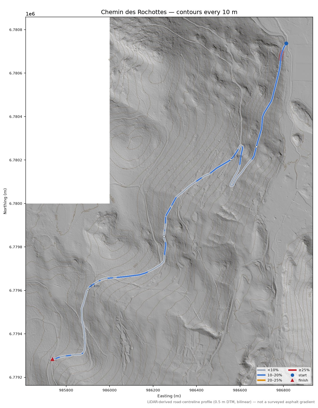 Chemin des Rochottes LiDAR hillshade map with contours