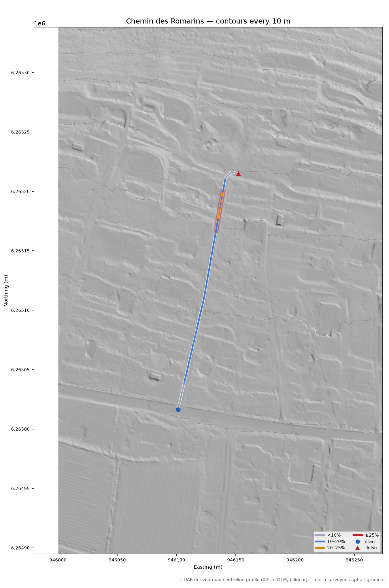 Chemin des Romarins LiDAR hillshade map with contours
