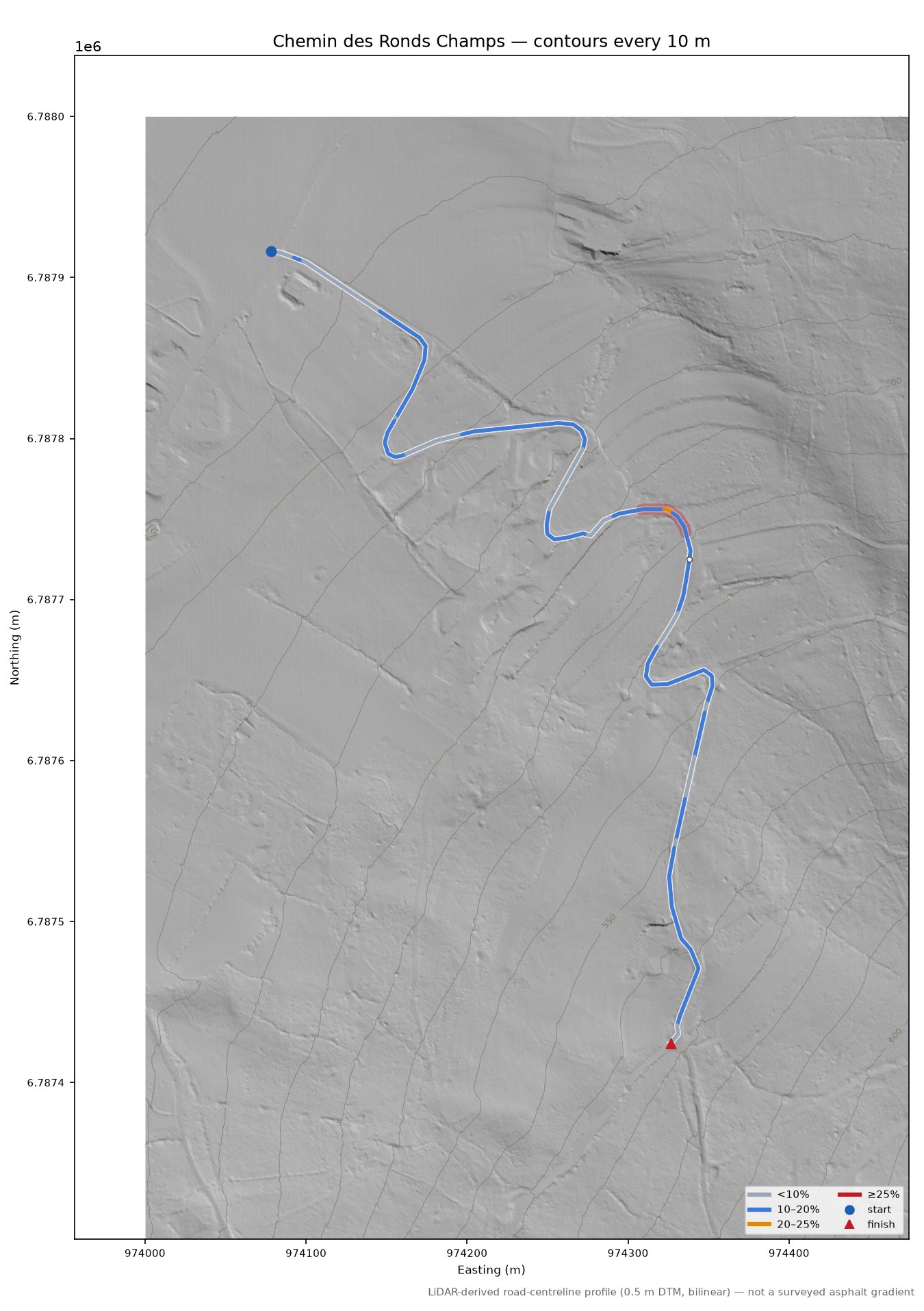 Chemin des Ronds Champs LiDAR hillshade map with contours
