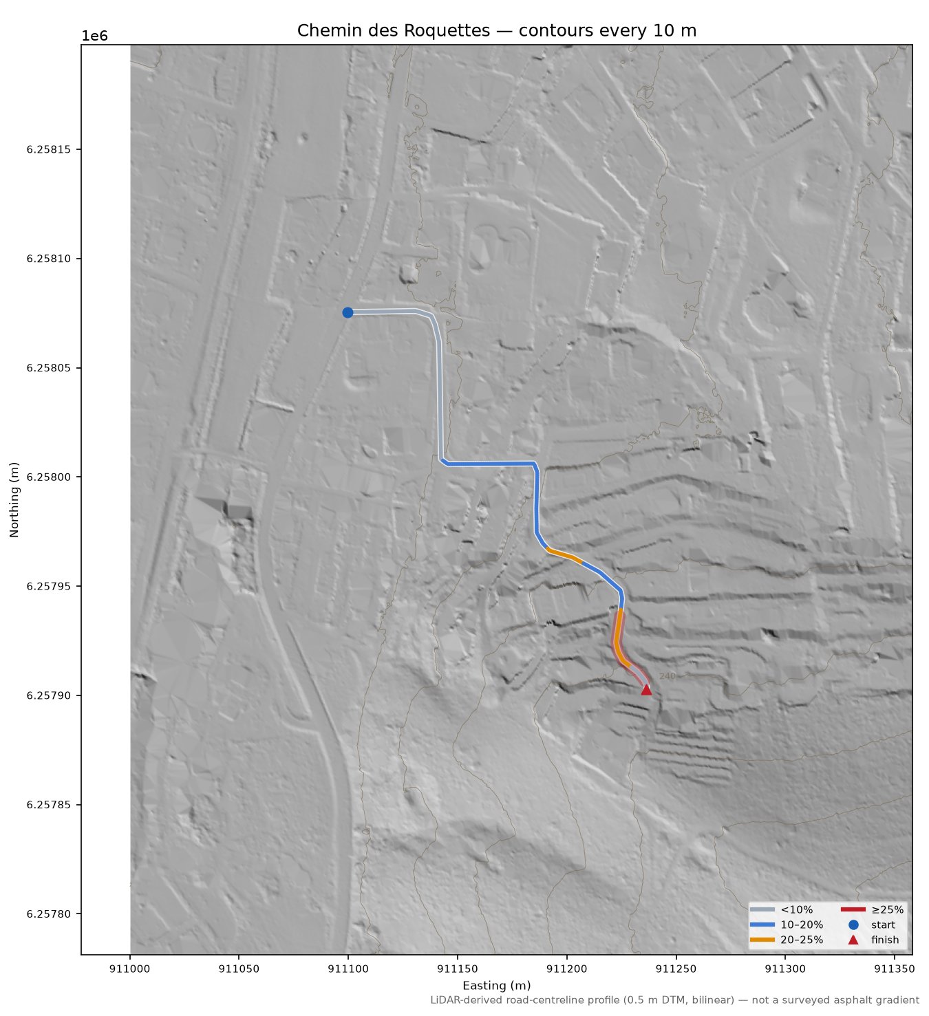 Chemin des Roquettes LiDAR hillshade map with contours