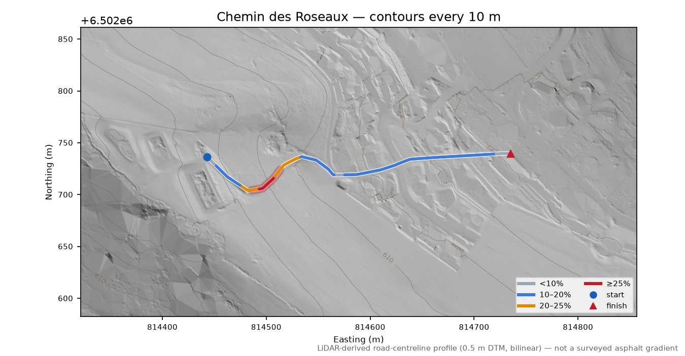 Chemin des Roseaux LiDAR hillshade map with contours