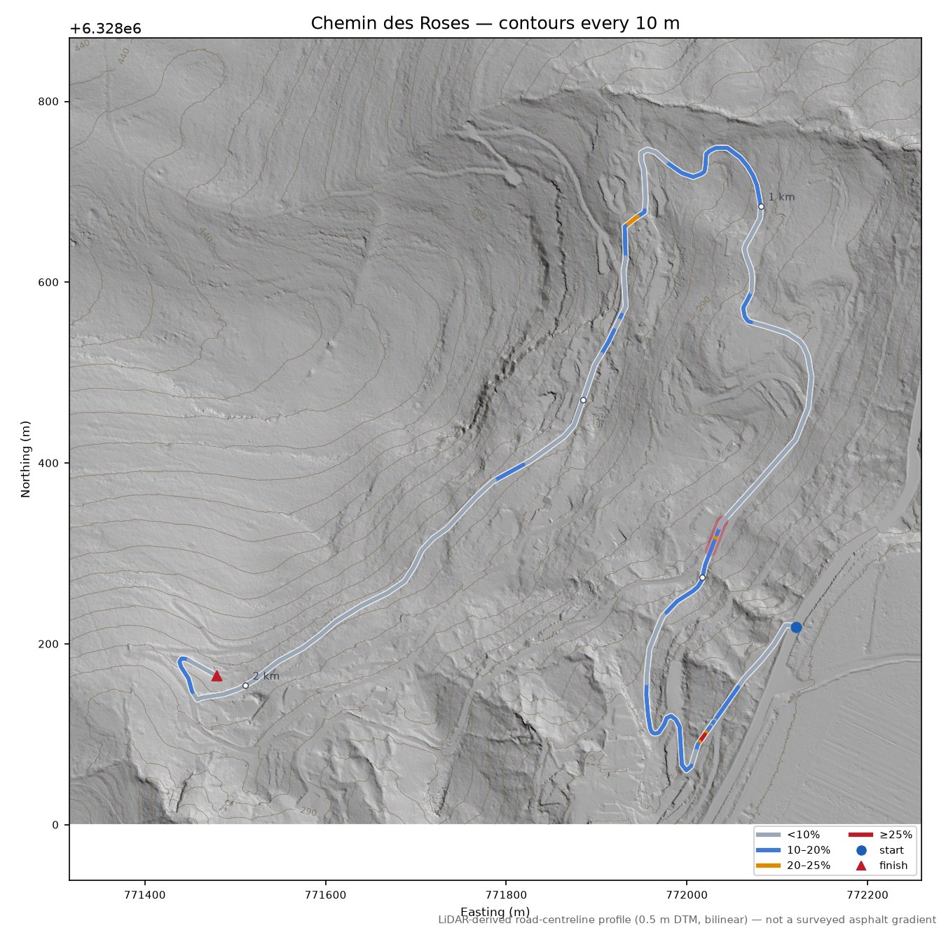Chemin des Roses LiDAR hillshade map with contours