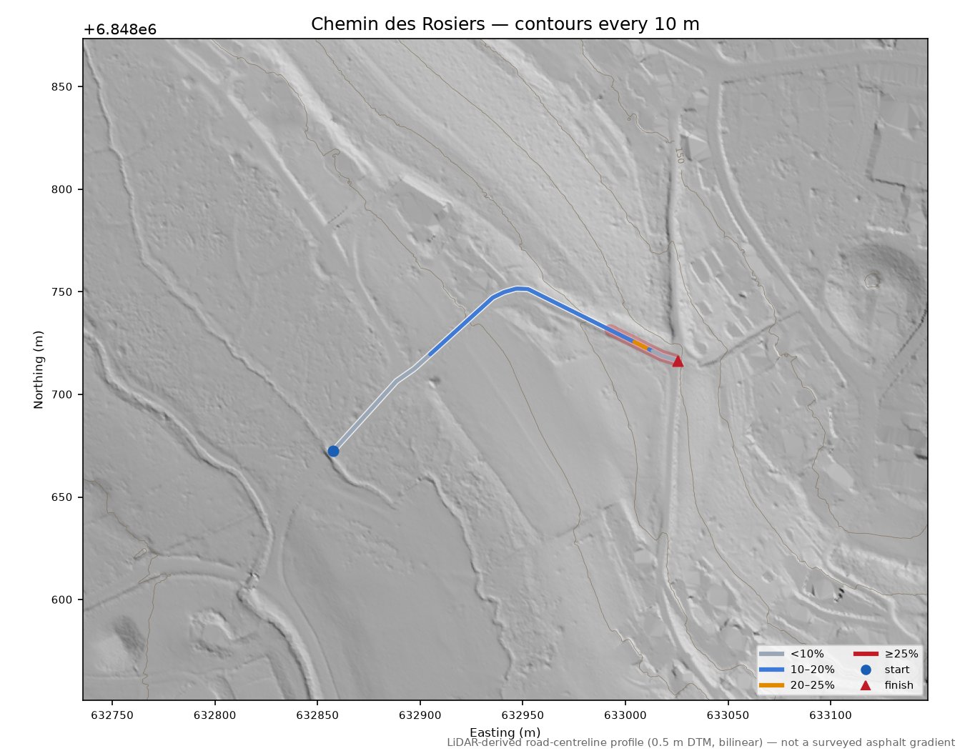 Chemin des Rosiers LiDAR hillshade map with contours
