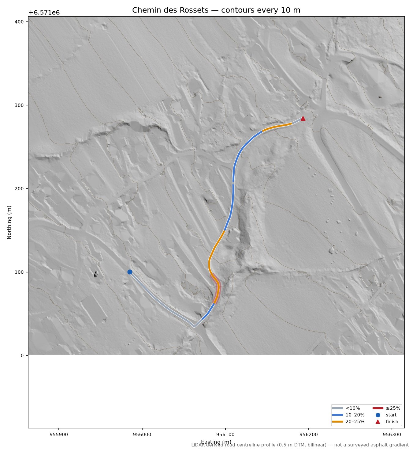 Chemin des Rossets LiDAR hillshade map with contours