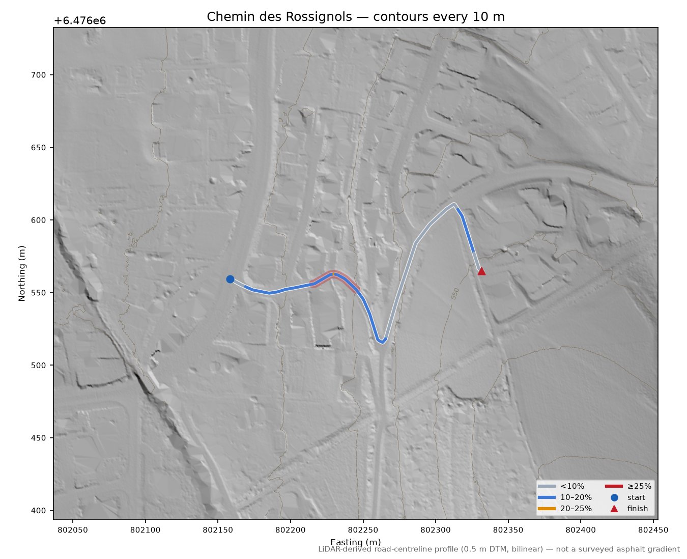Chemin des Rossignols LiDAR hillshade map with contours