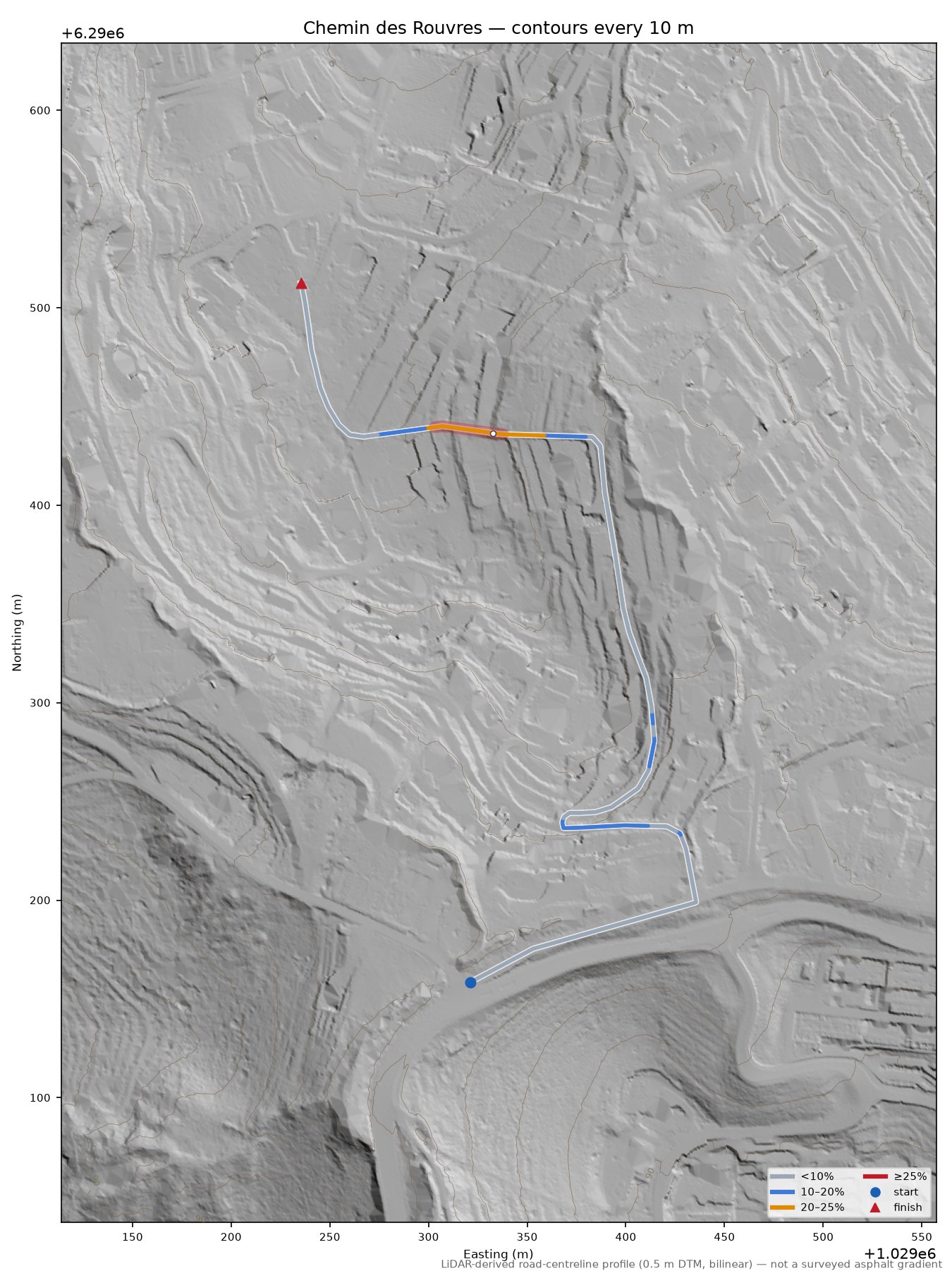 Chemin des Rouvres LiDAR hillshade map with contours